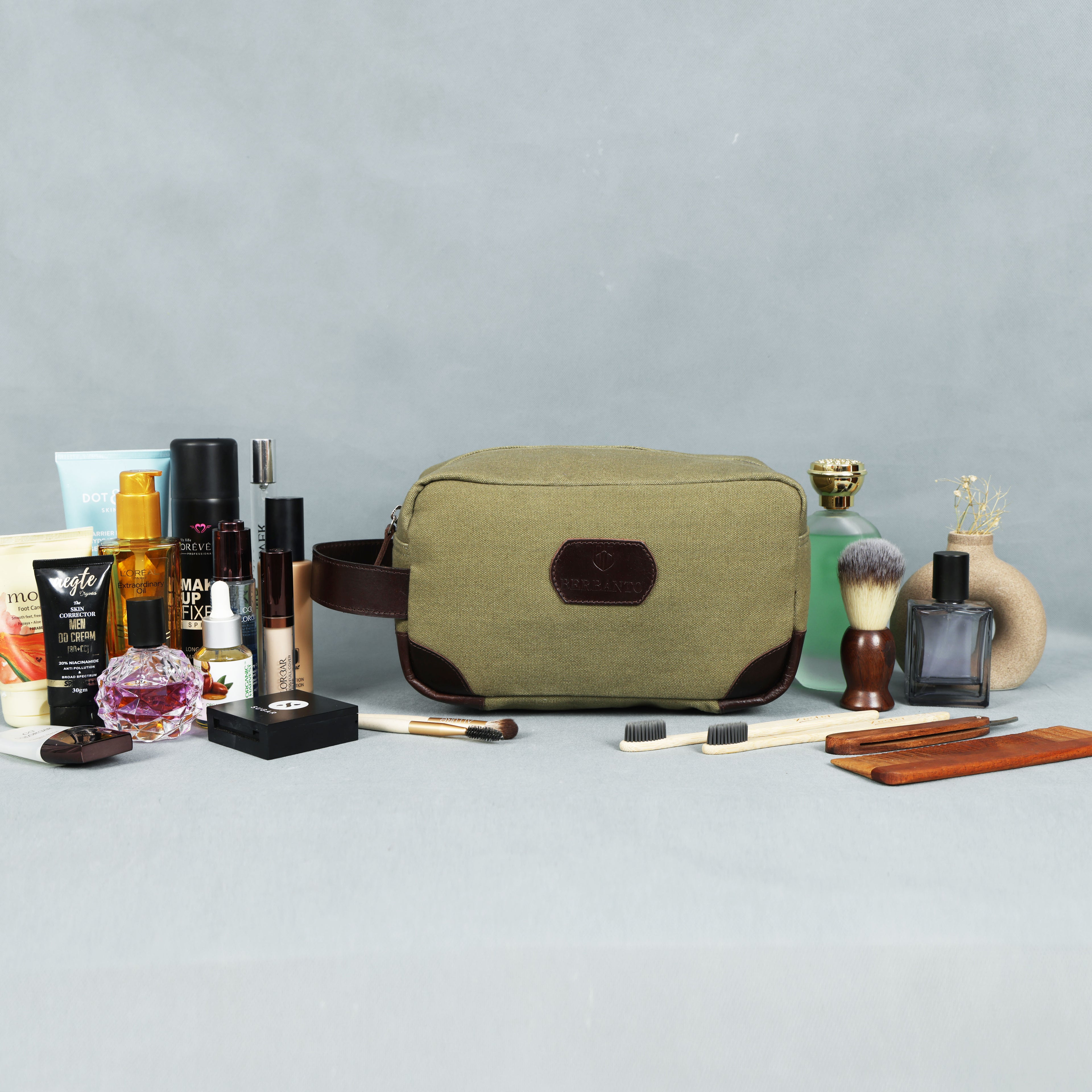 Urban Voyager Dopp Kit – Olive Canvas & Brown Leather Travel Toiletry Bag