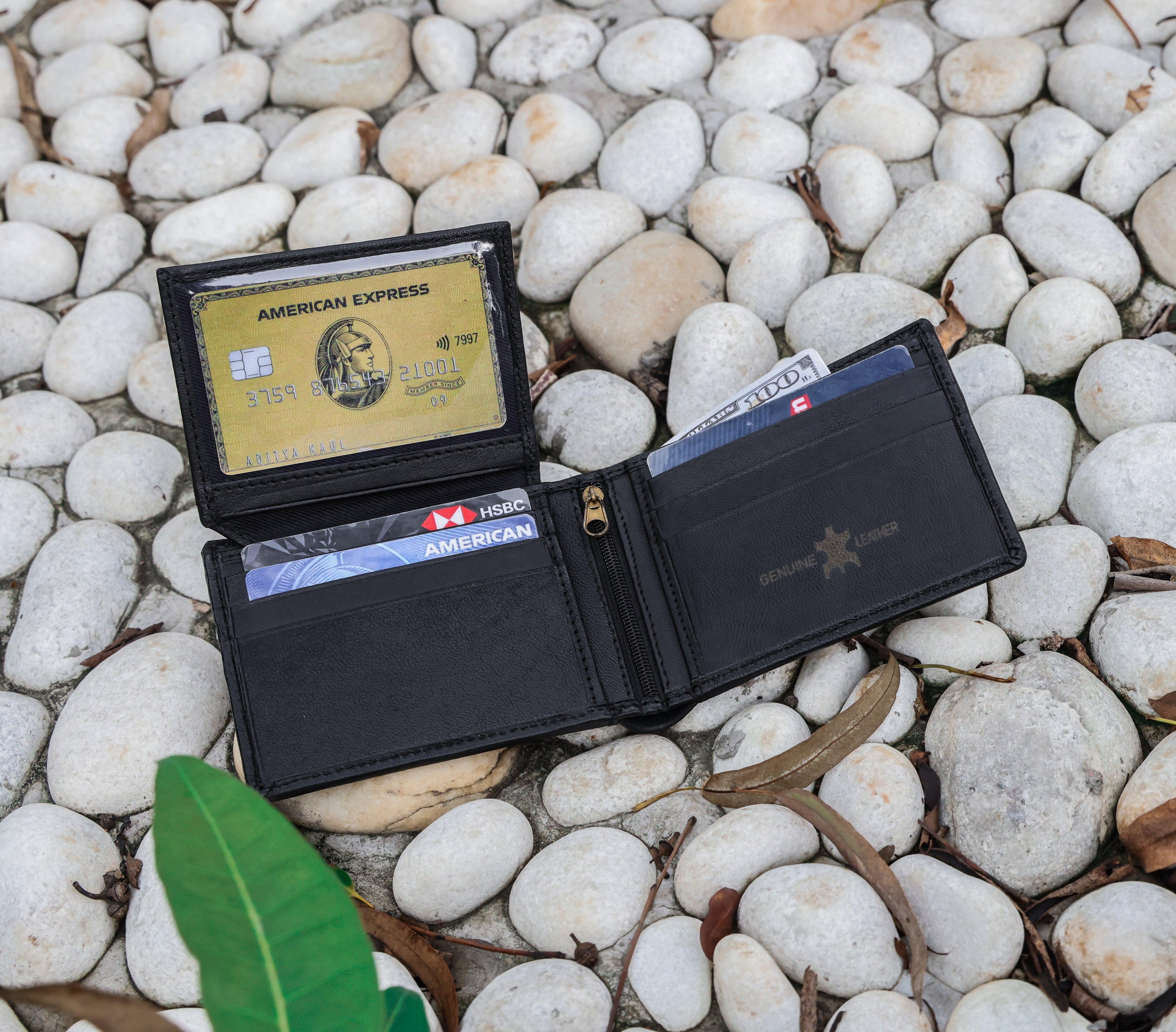 Black Leather Wallet with Transparent ID Card Slot