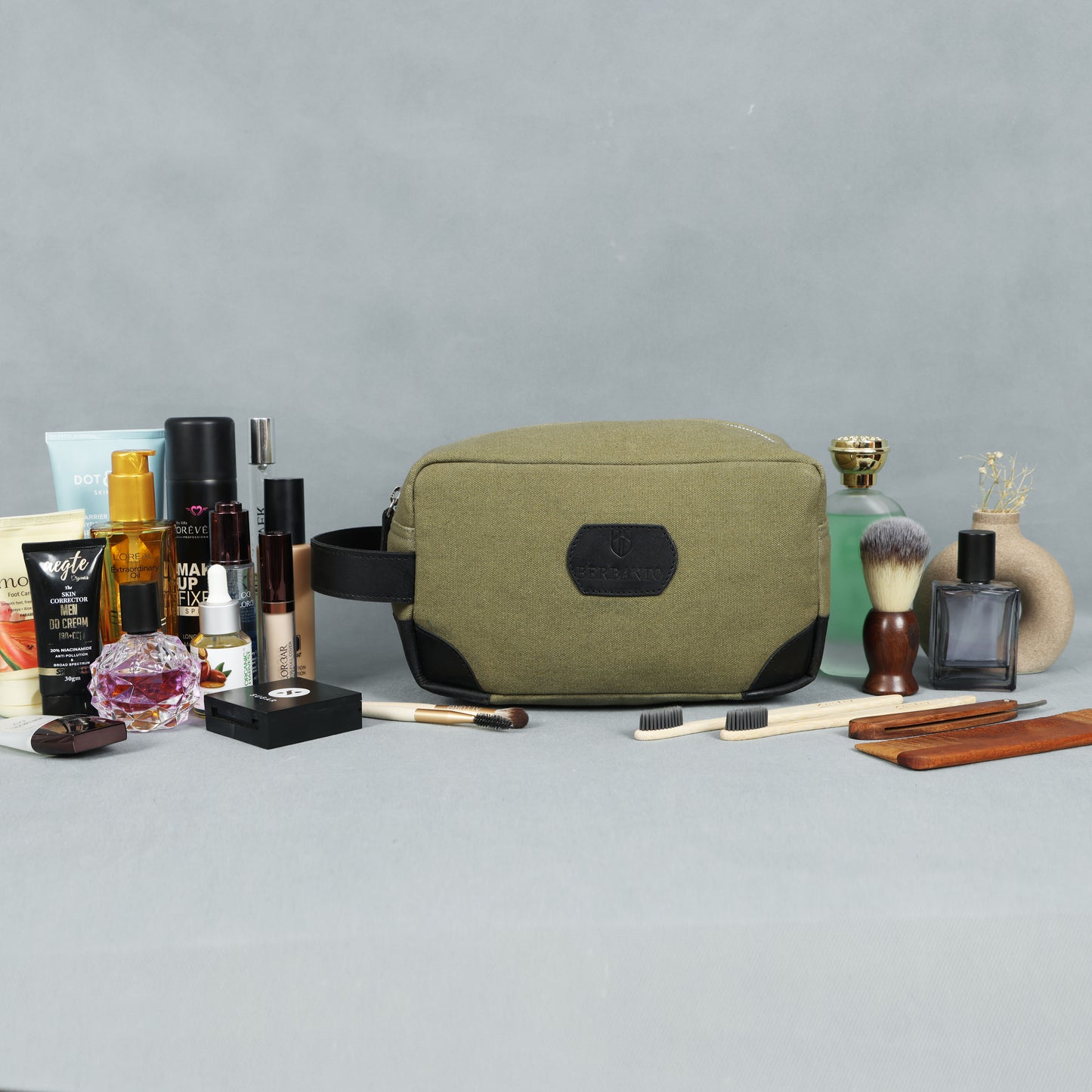 Berbanto Urban Voyager Dopp Kit – Olive Canvas & Black Leather Travel Toiletry Bag