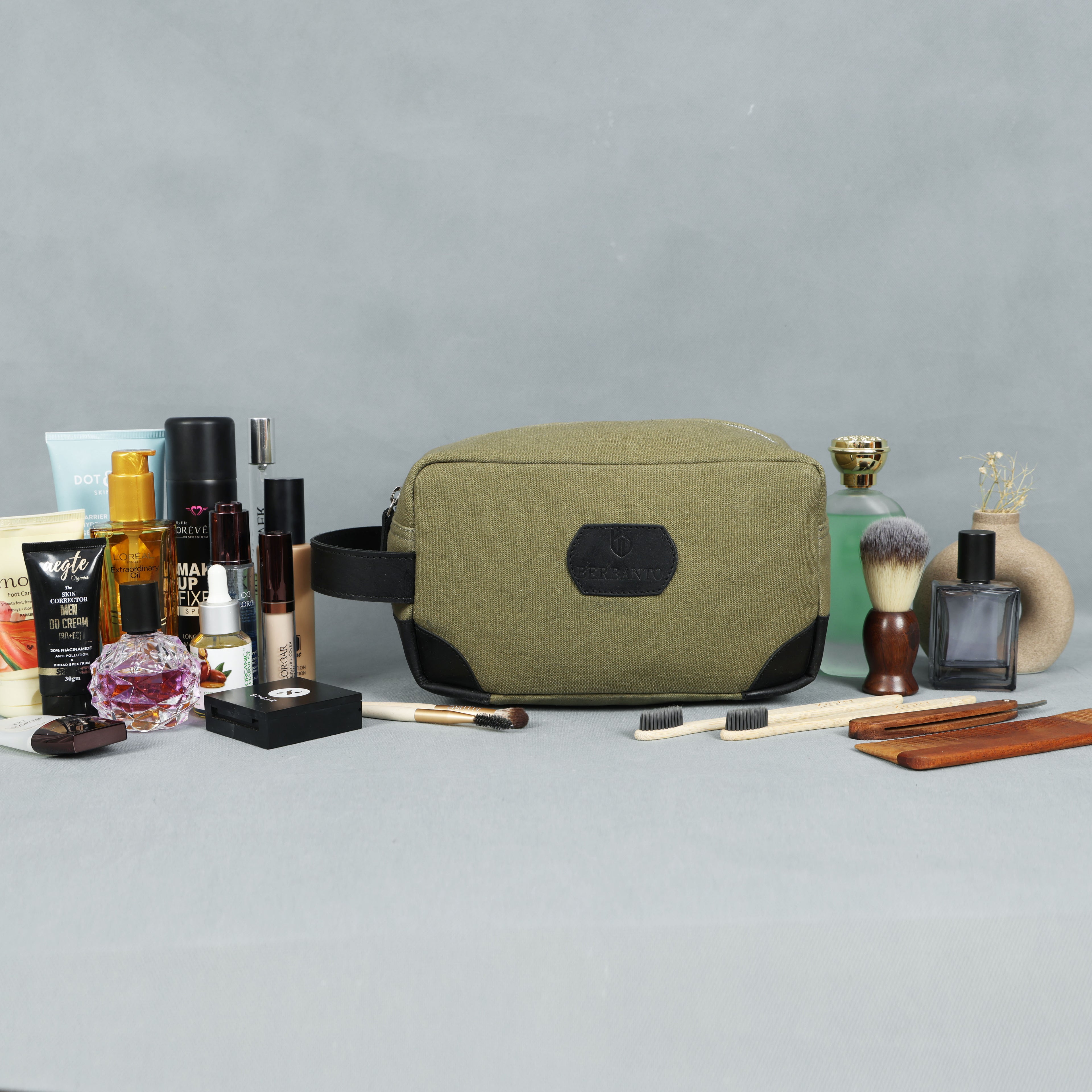 Urban Voyager Dopp Kit – Olive Canvas & Black Leather Travel Toiletry Bag