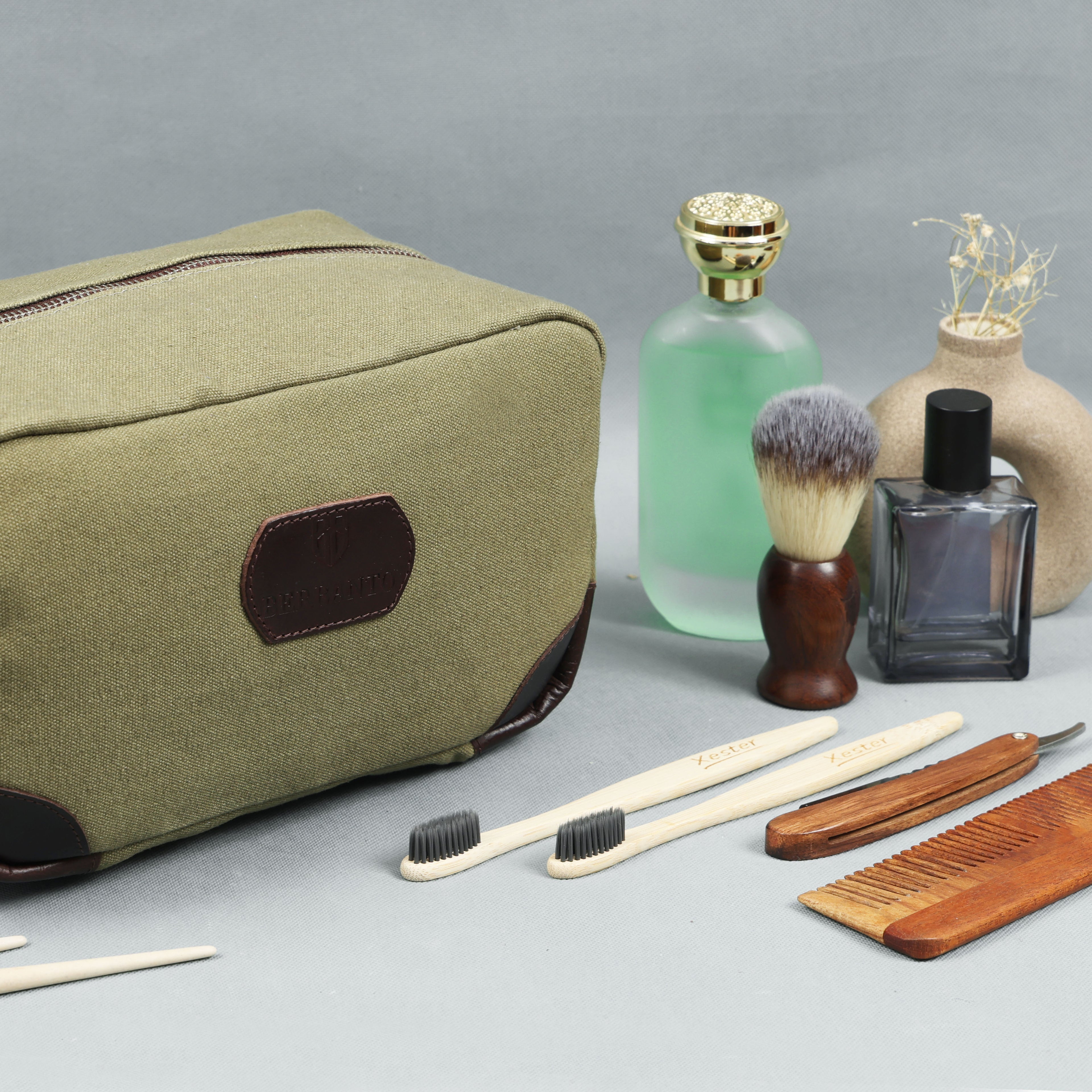 Urban Voyager Dopp Kit – Olive Canvas & Brown Leather Travel Toiletry Bag
