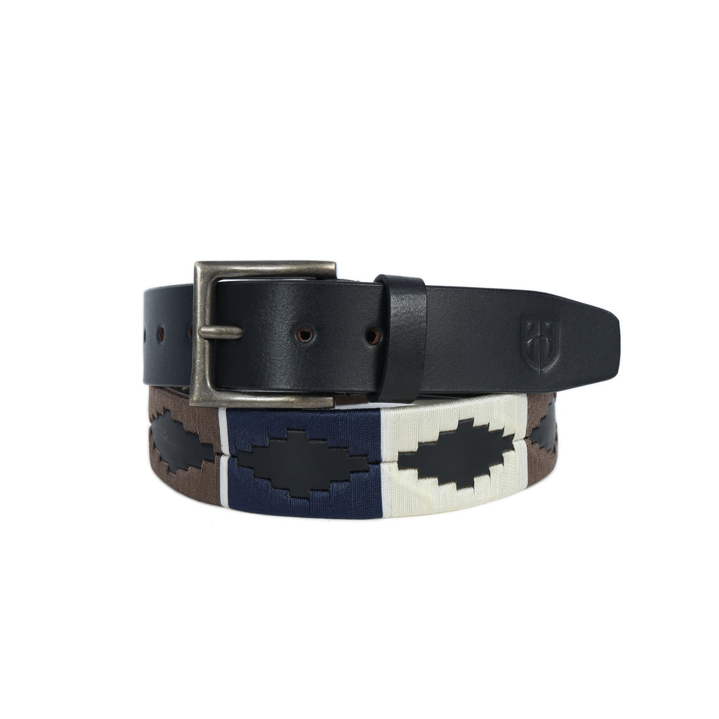 Black Polo Leather Belt with Blue, Cream, and Brown Stitching & Antique Buckle