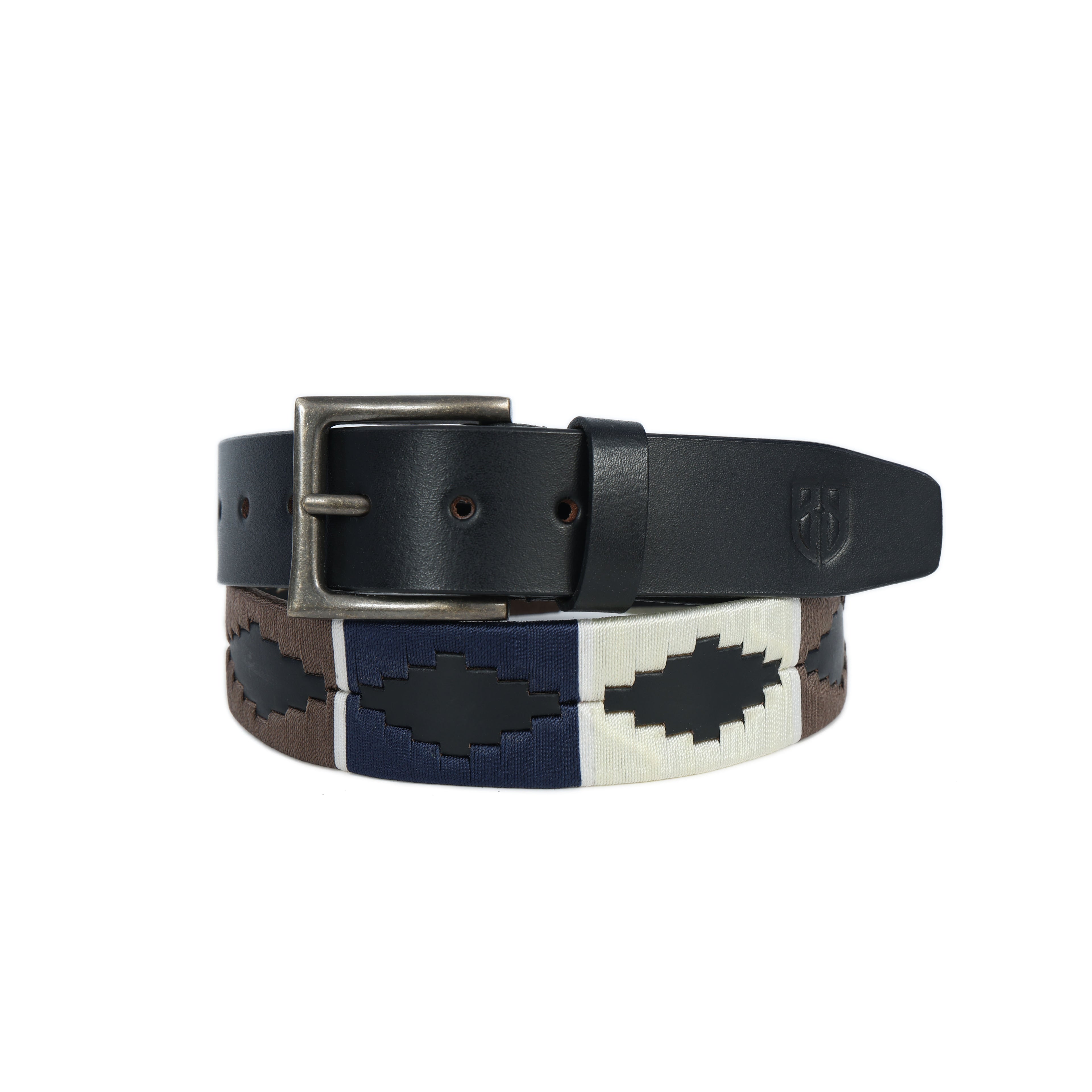 Black Polo Leather Belt with Blue, Cream, and Brown Stitching & Antique Buckle