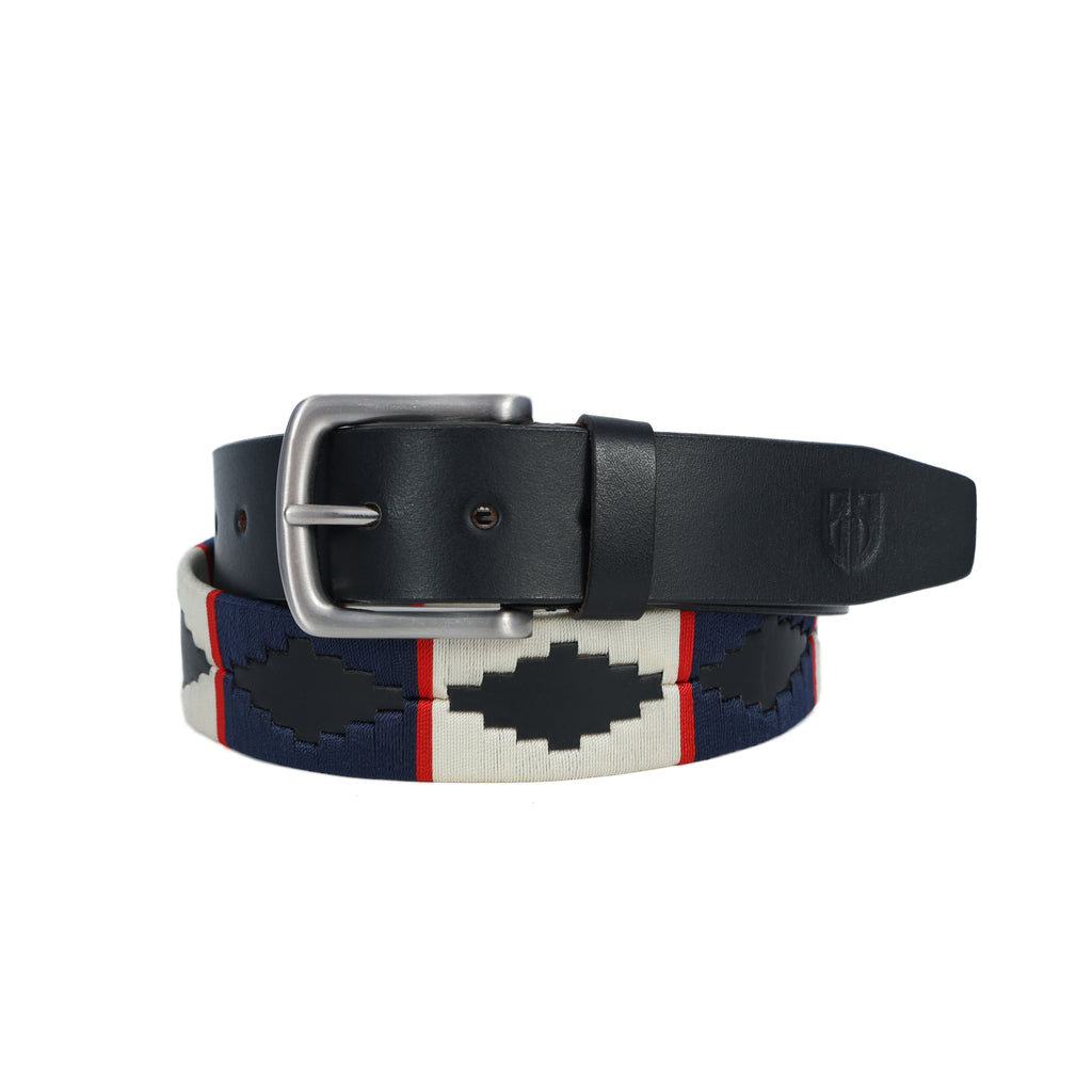 Black Polo Leather Belt with Blue, Red, and Cream Stitching & Silver Buckle