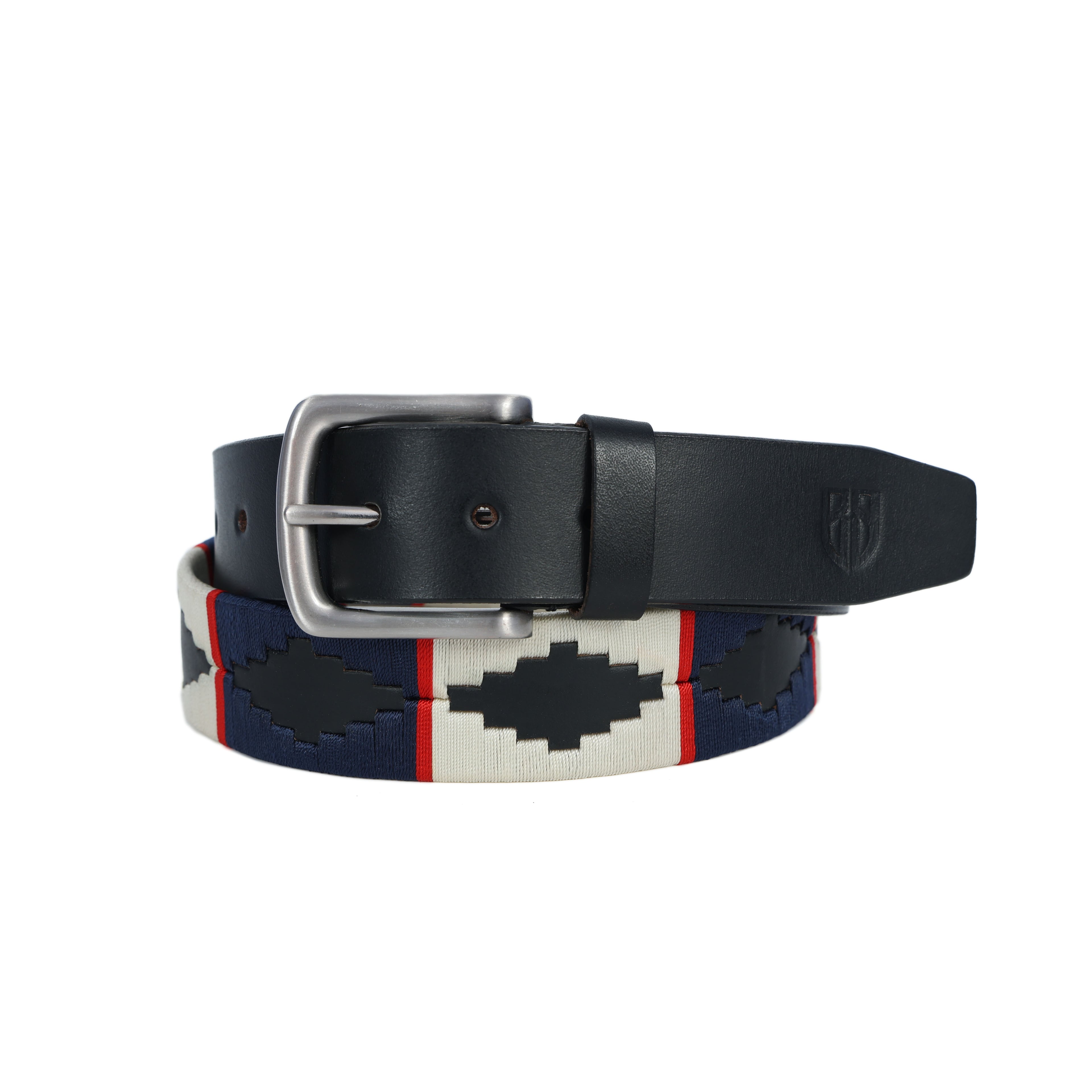 Black Polo Leather Belt with Blue, Red, and Cream Stitching & Silver Buckle
