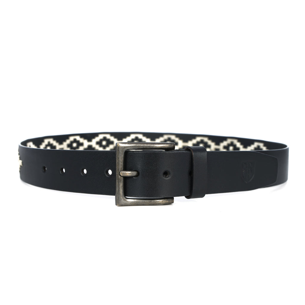 Black Polo Leather Belt with Cream Stitching & Antique Buckle
