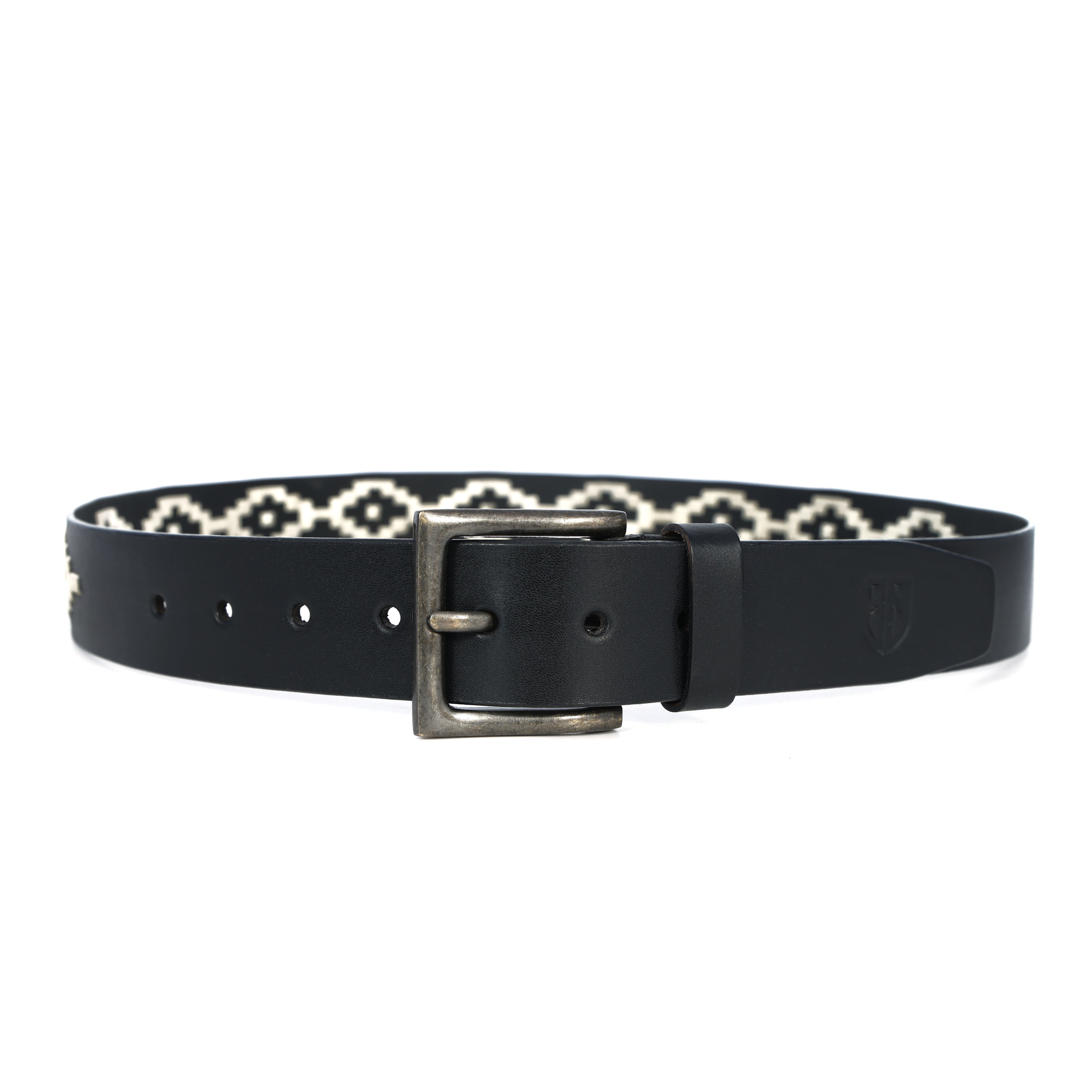 Black Polo Leather Belt with Cream Stitching & Antique Buckle