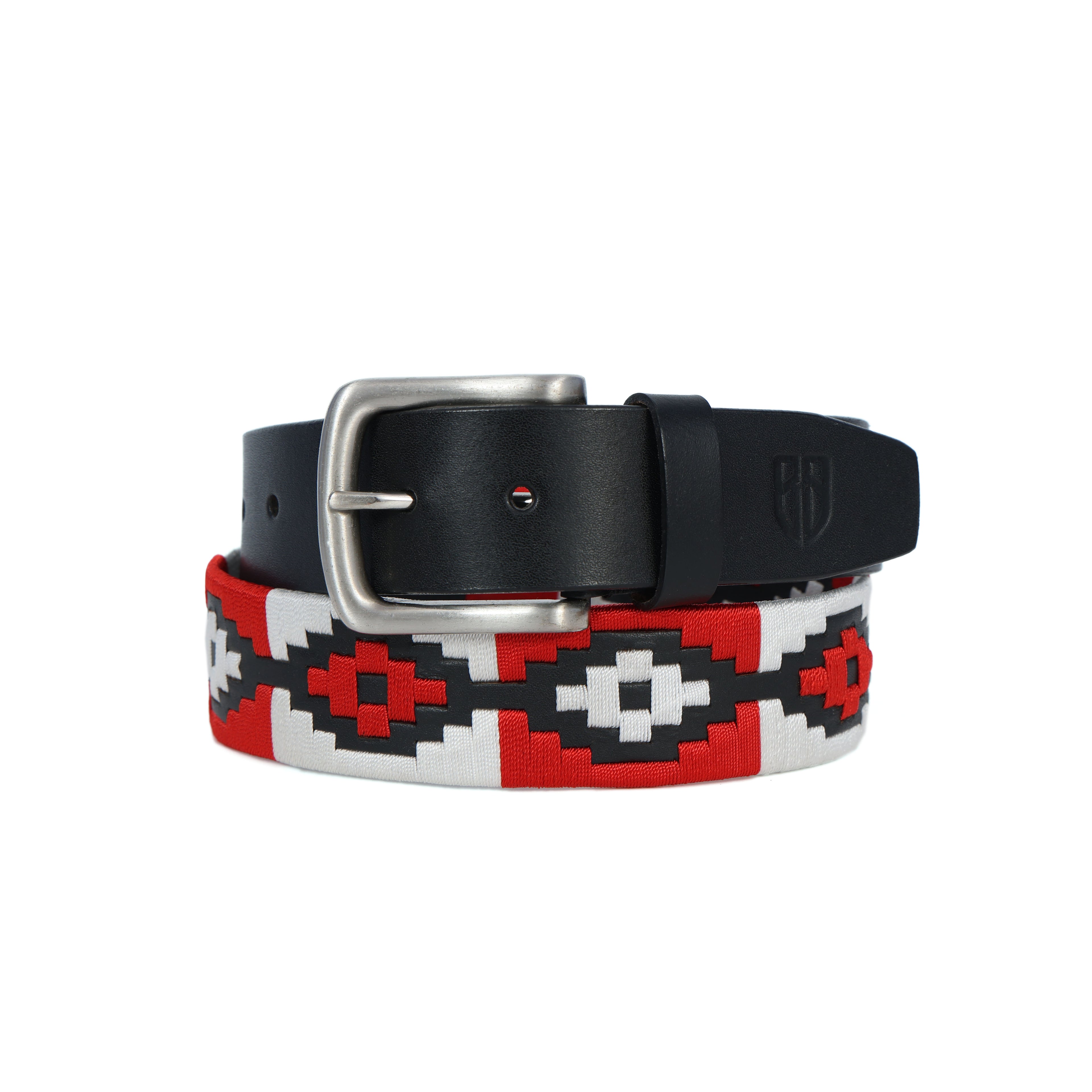 Black Polo Leather Belt with Red and White Stitching & Silver Buckle