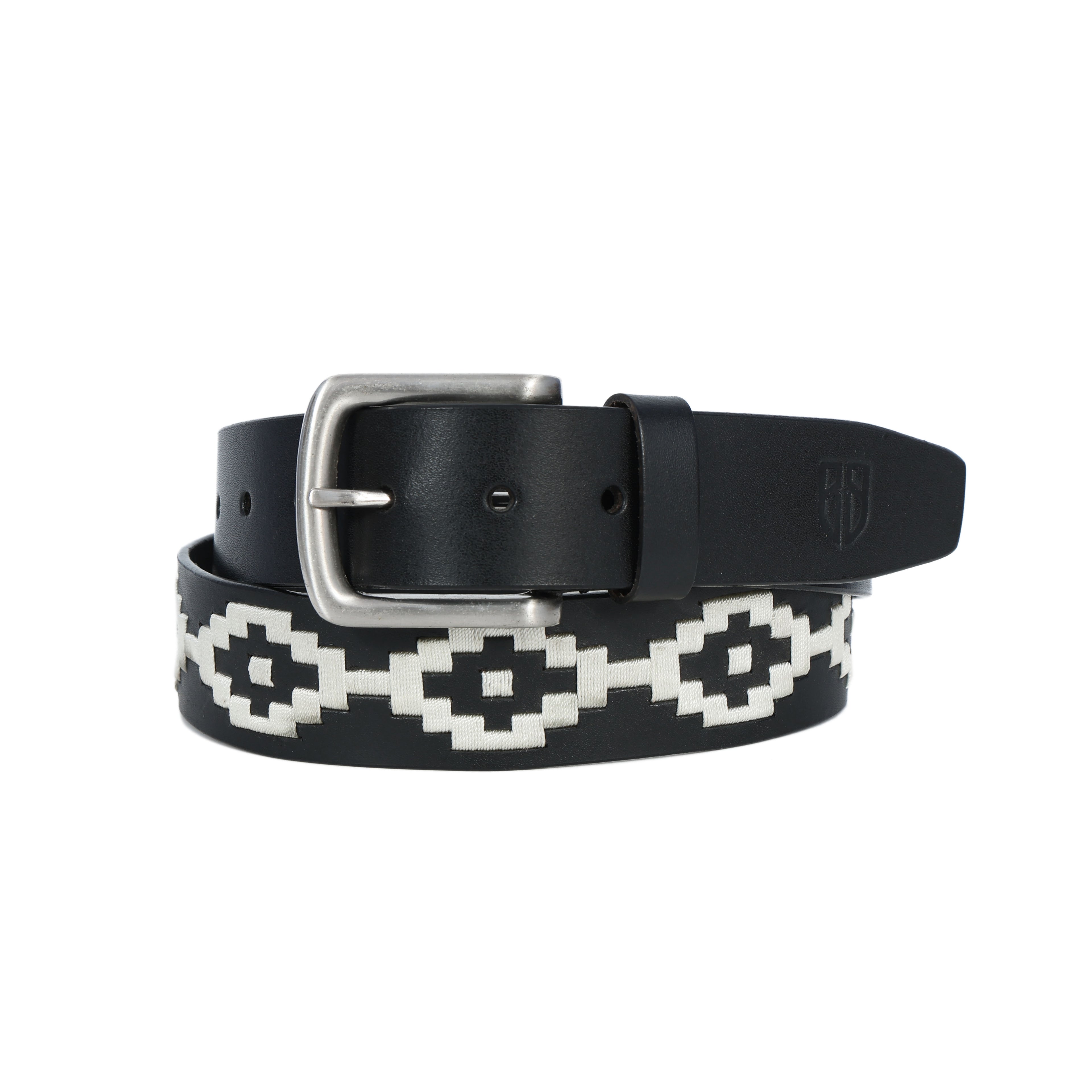 Black Polo Leather Belt with Cream Stitching & Silver Buckle
