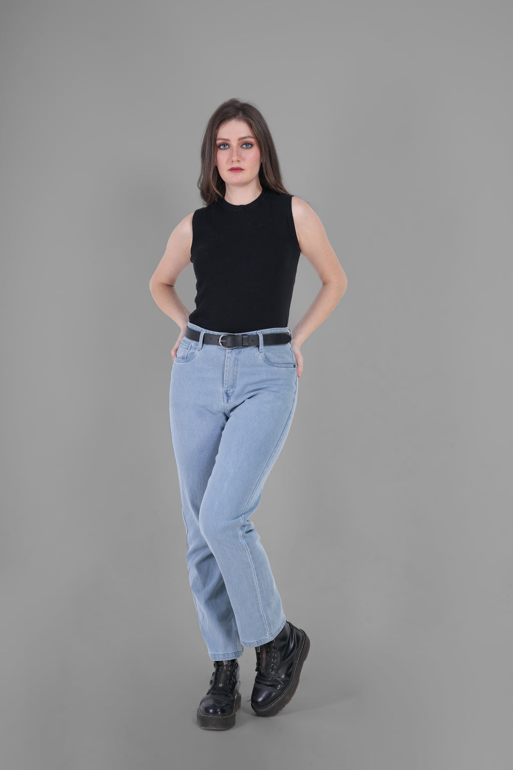 Black Leather Belt for Women with Silver Buckle