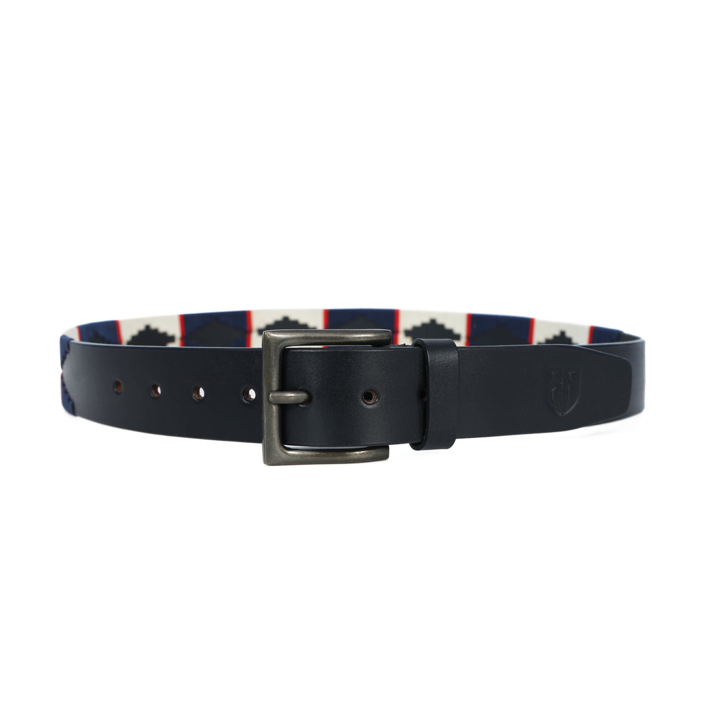 Black Polo Leather Belt with Cream, Blue, and Red Stitching & Antique Buckle
