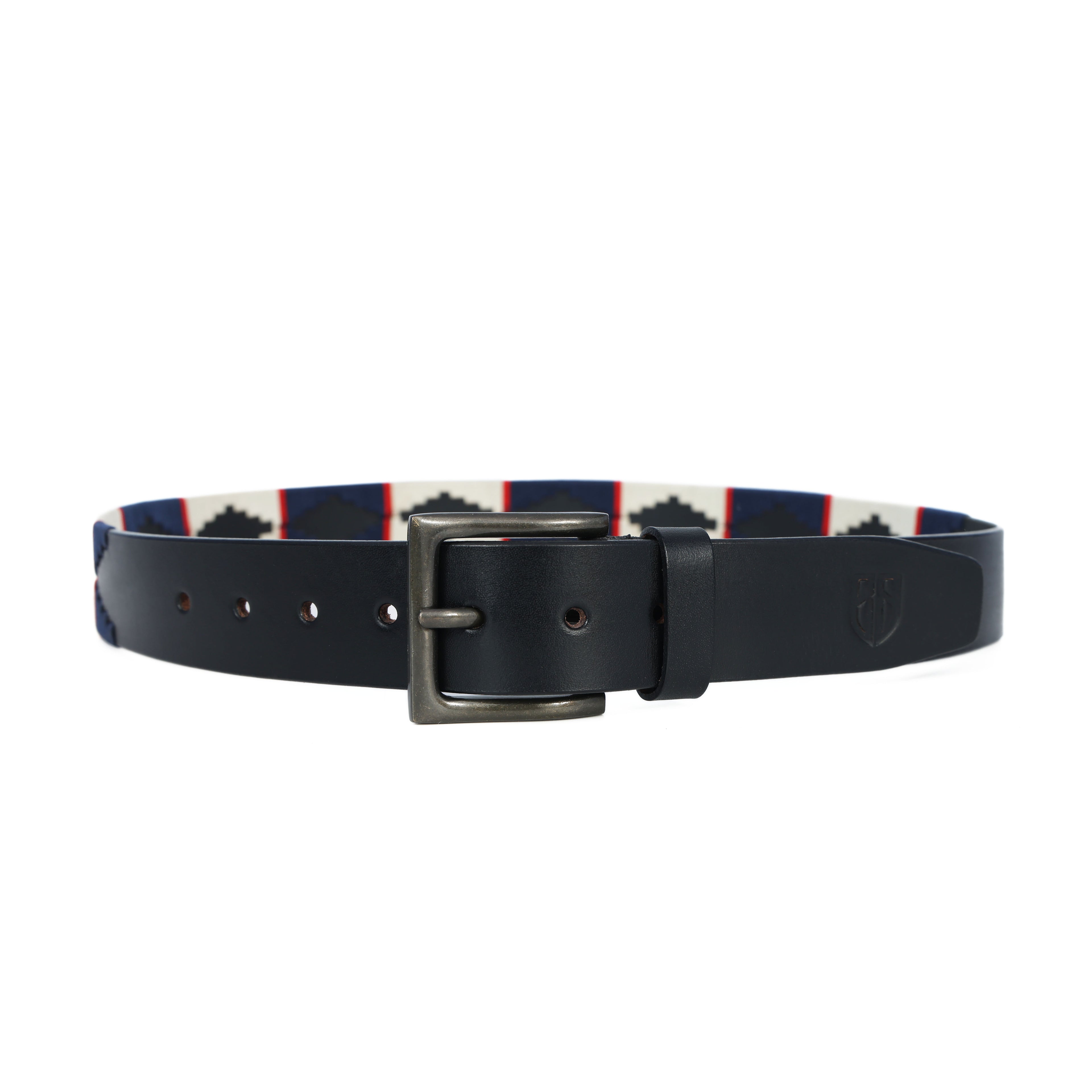 Black Polo Leather Belt with Cream, Blue, and Red Stitching & Antique Buckle