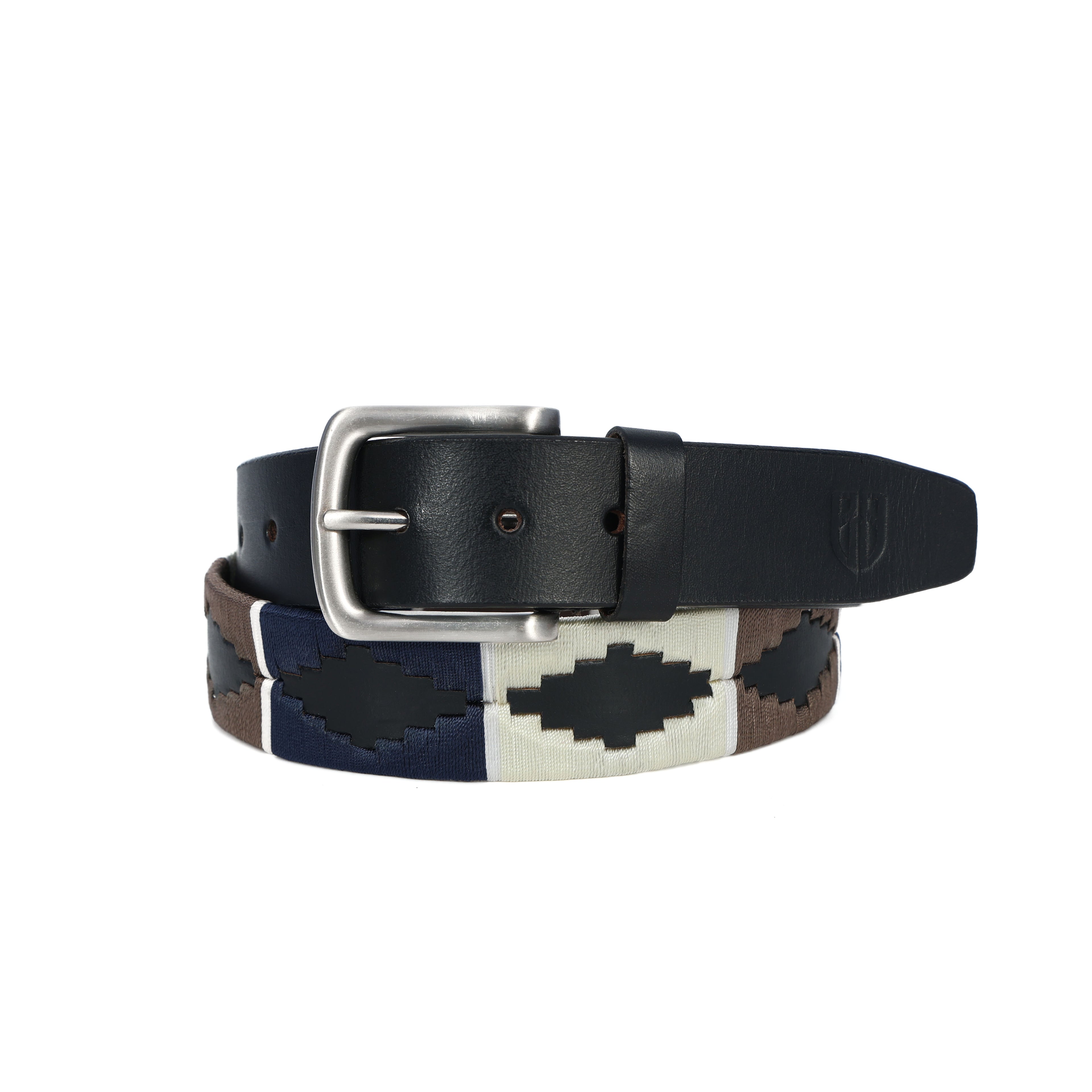 Black Polo Leather Belt with Brown, Cream, and Blue Stitching & Silver Buckle