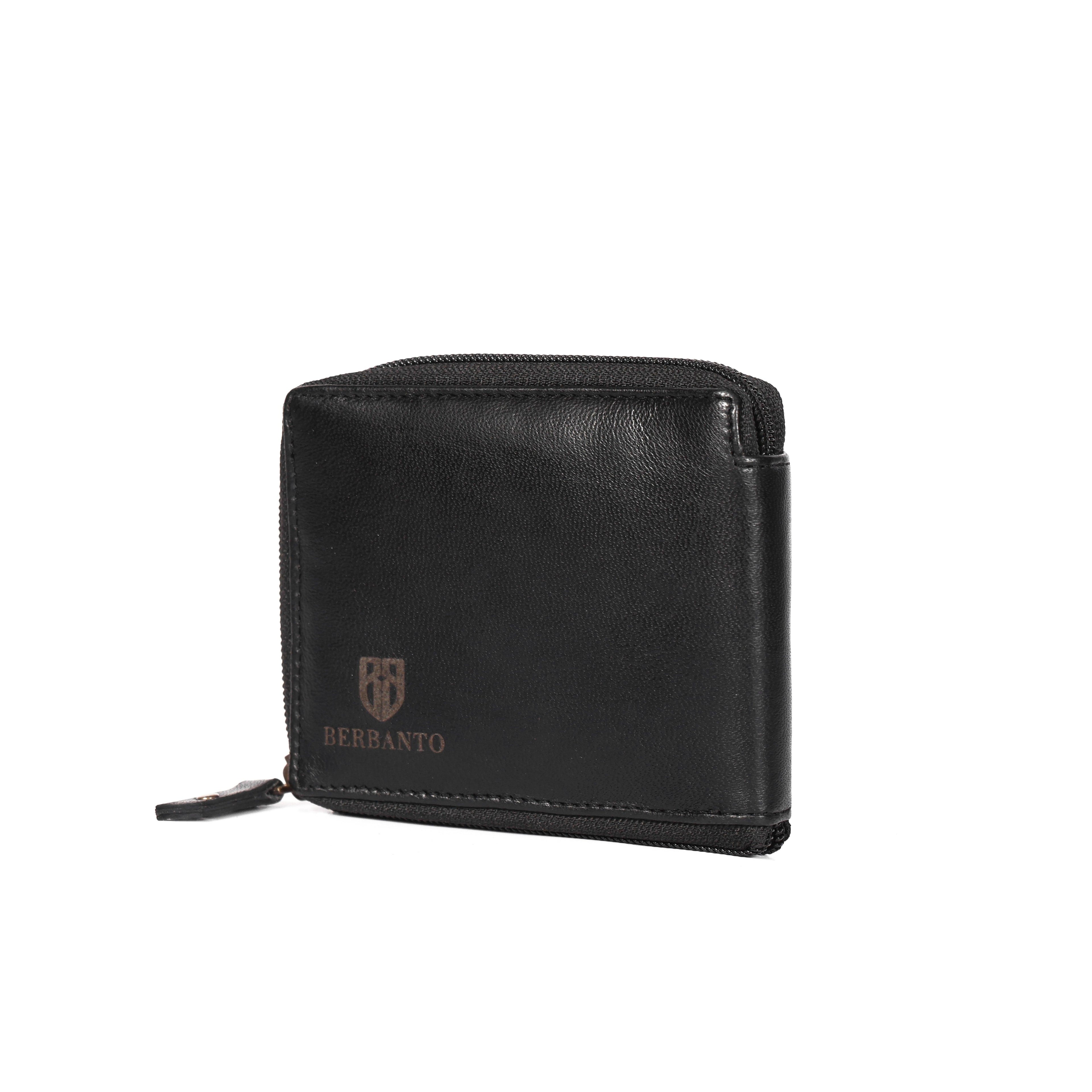Black Leather Wallet with Zip Closure for Men