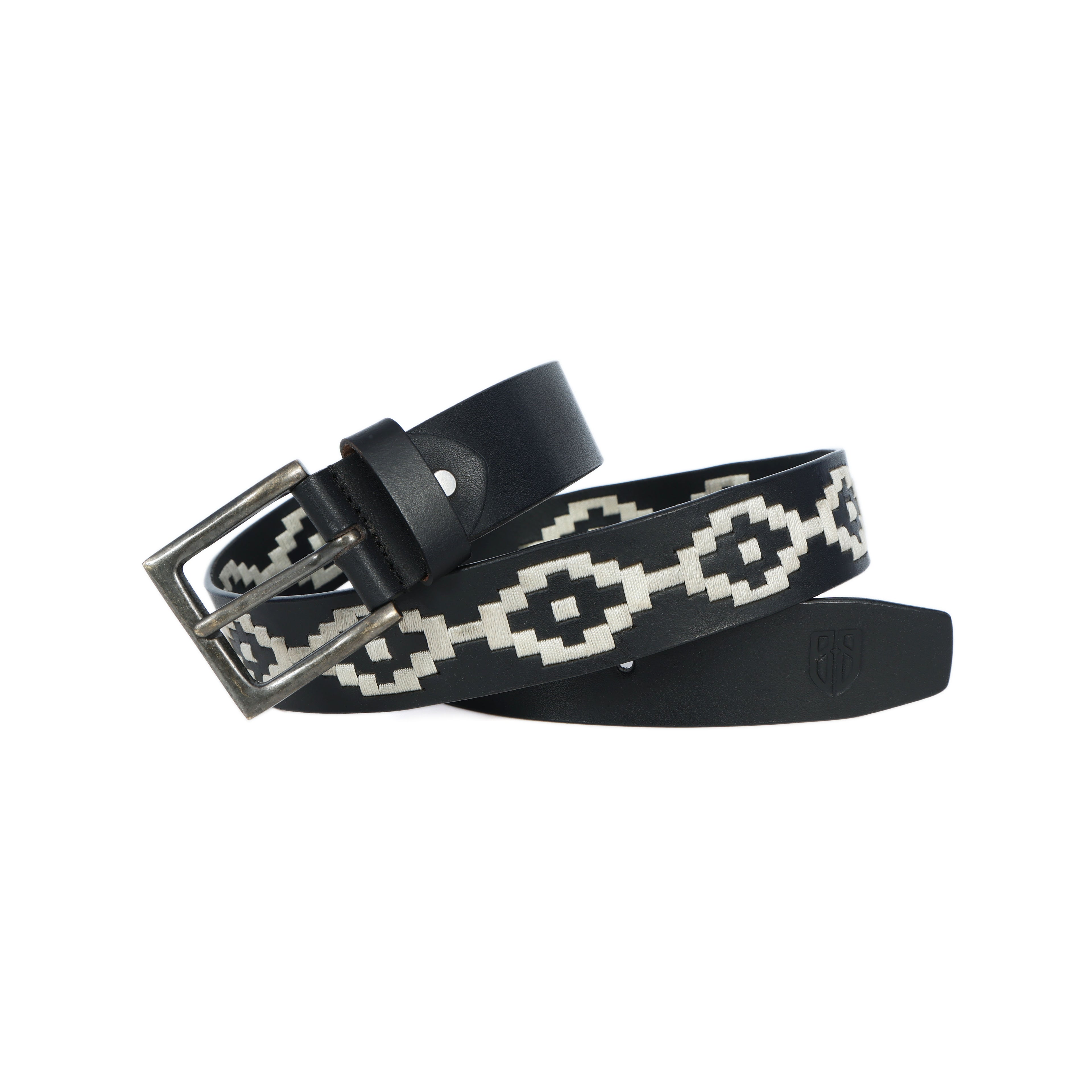 Black Polo Leather Belt with Cream Stitching & Antique Buckle