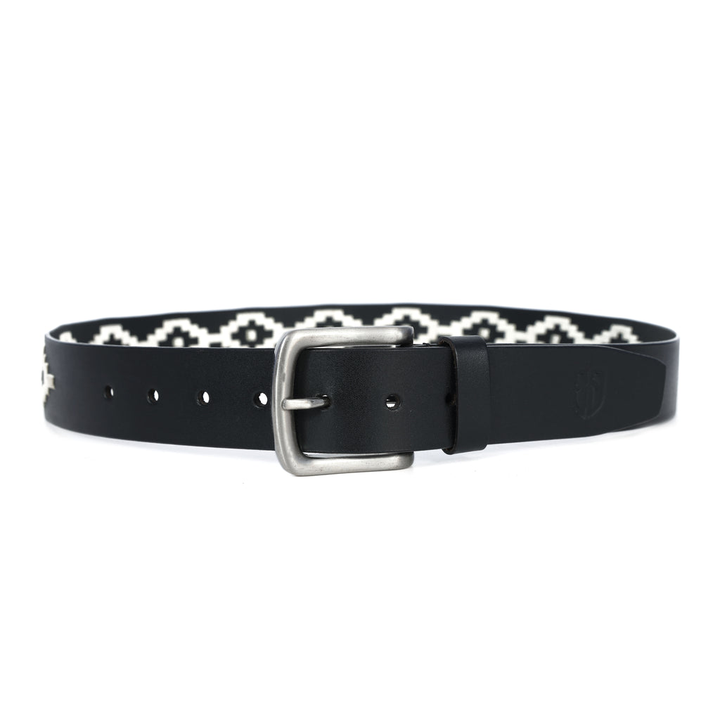 Black Polo Leather Belt with Cream Stitching & Silver Buckle