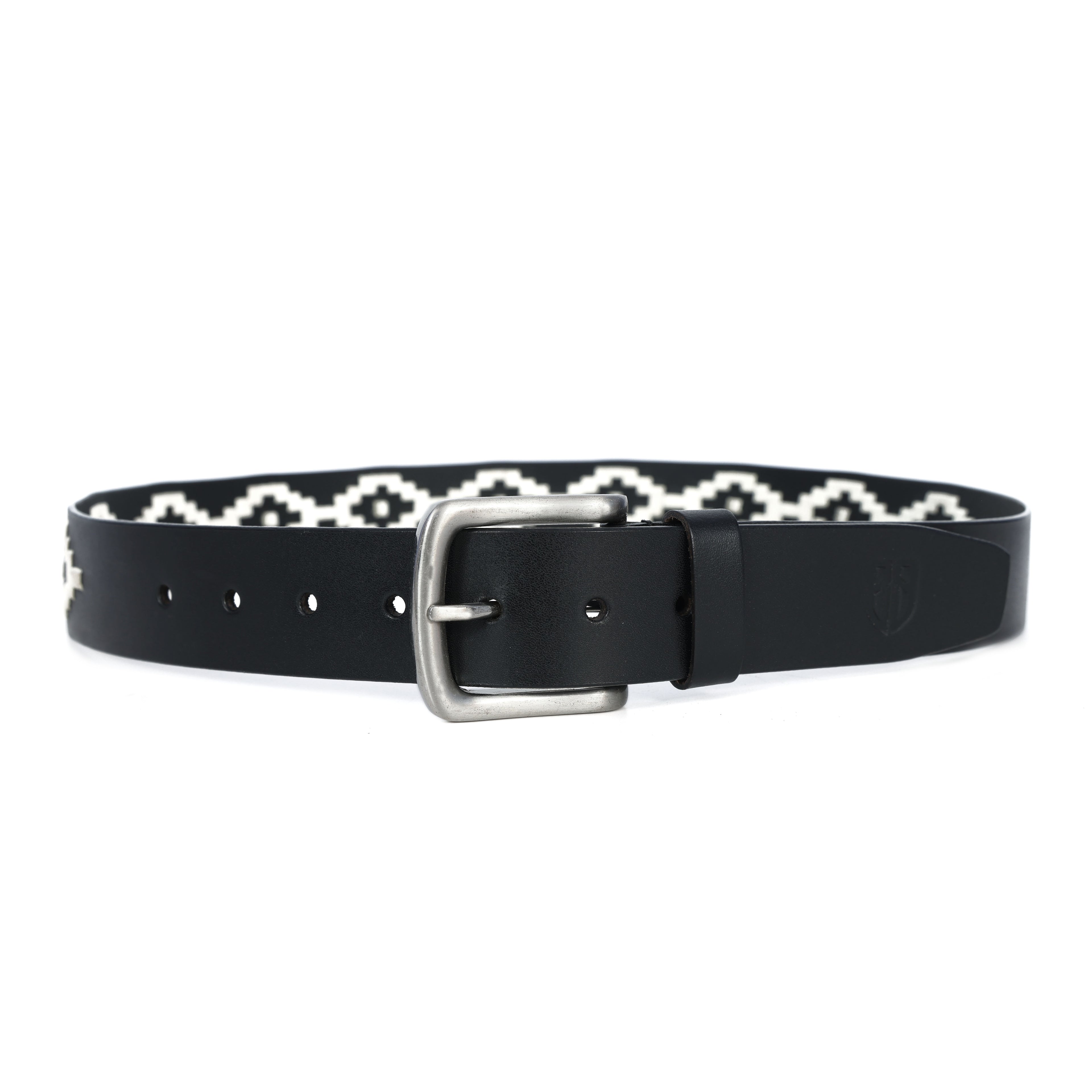 Black Polo Leather Belt with Cream Stitching & Silver Buckle