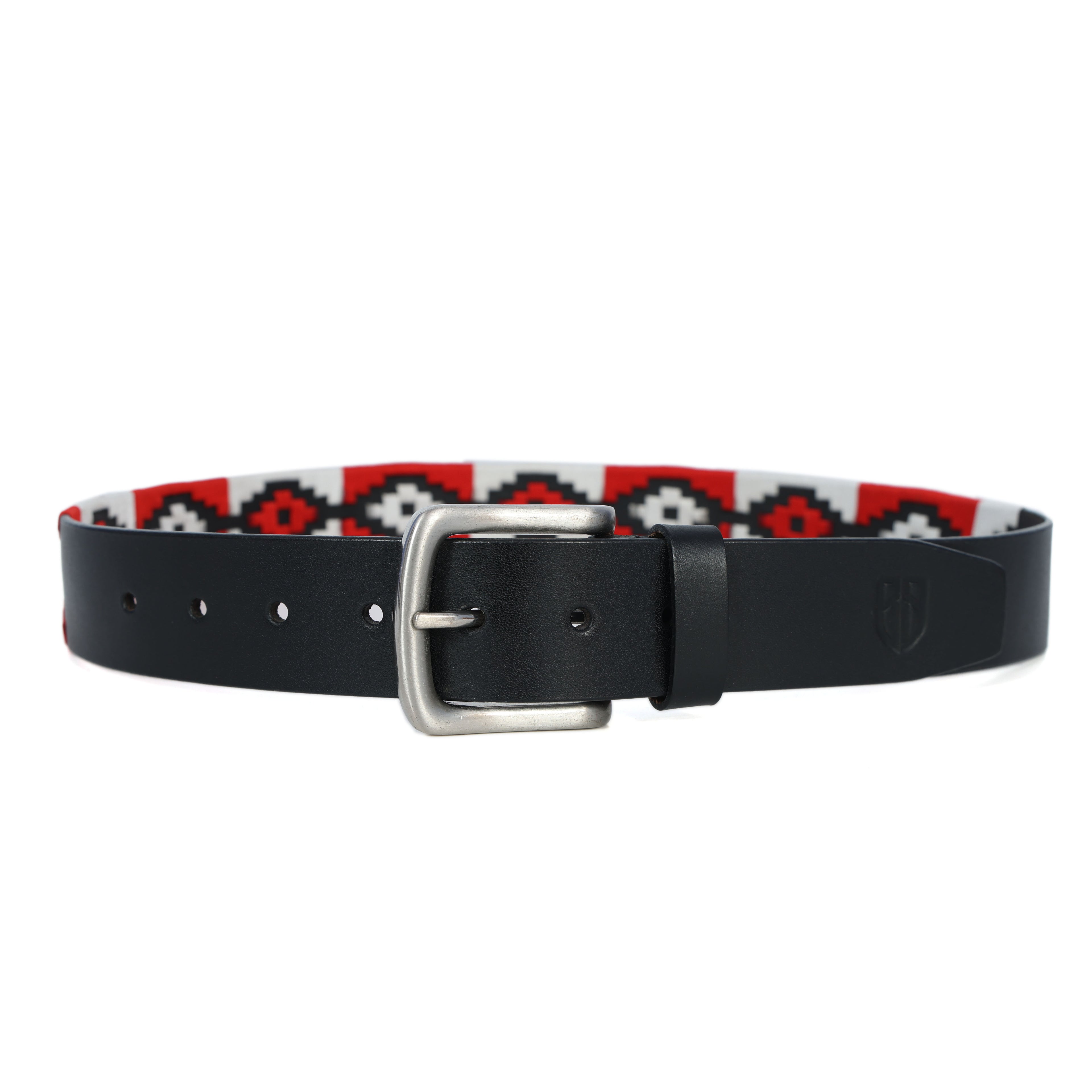 Black Polo Leather Belt with Red and White Stitching & Silver Buckle