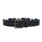 Black Polo Leather Belt with Blue, Cream, and Brown Stitching & Antique Buckle