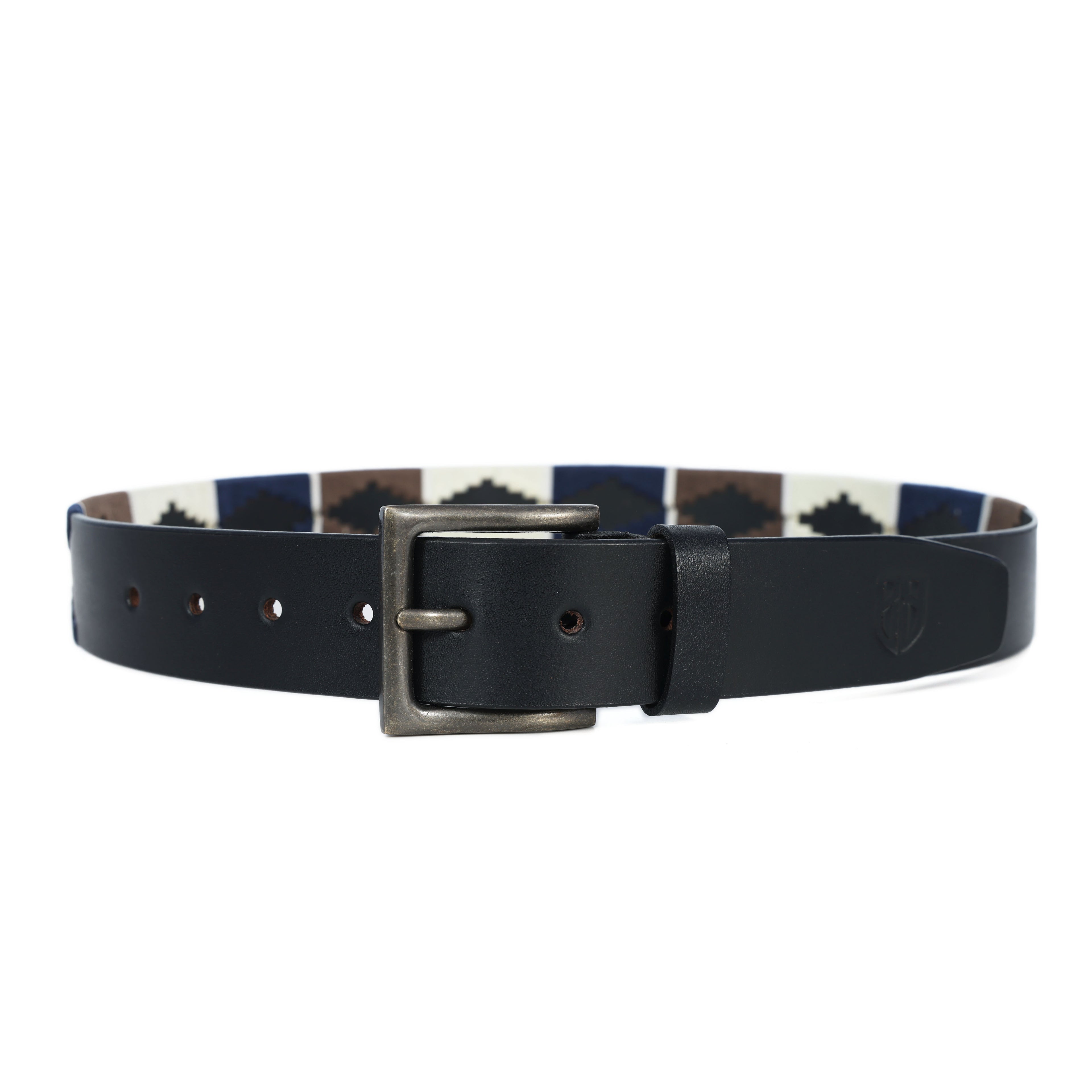 Black Polo Leather Belt with Blue, Cream, and Brown Stitching & Antique Buckle