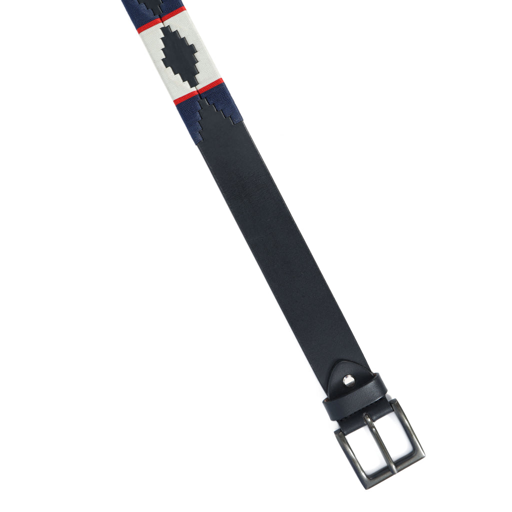 Black Polo Leather Belt with Cream, Blue, and Red Stitching & Antique Buckle