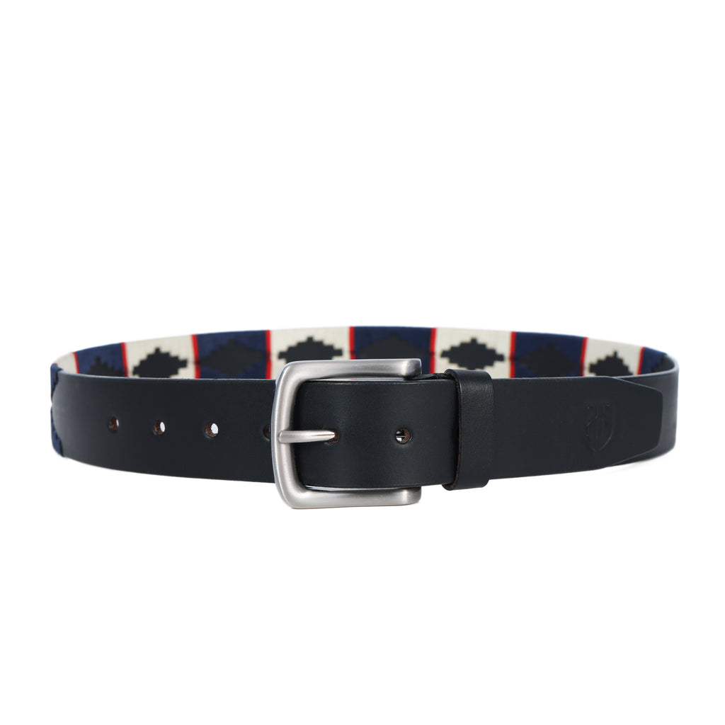 Black Polo Leather Belt with Blue, Red, and Cream Stitching & Silver Buckle
