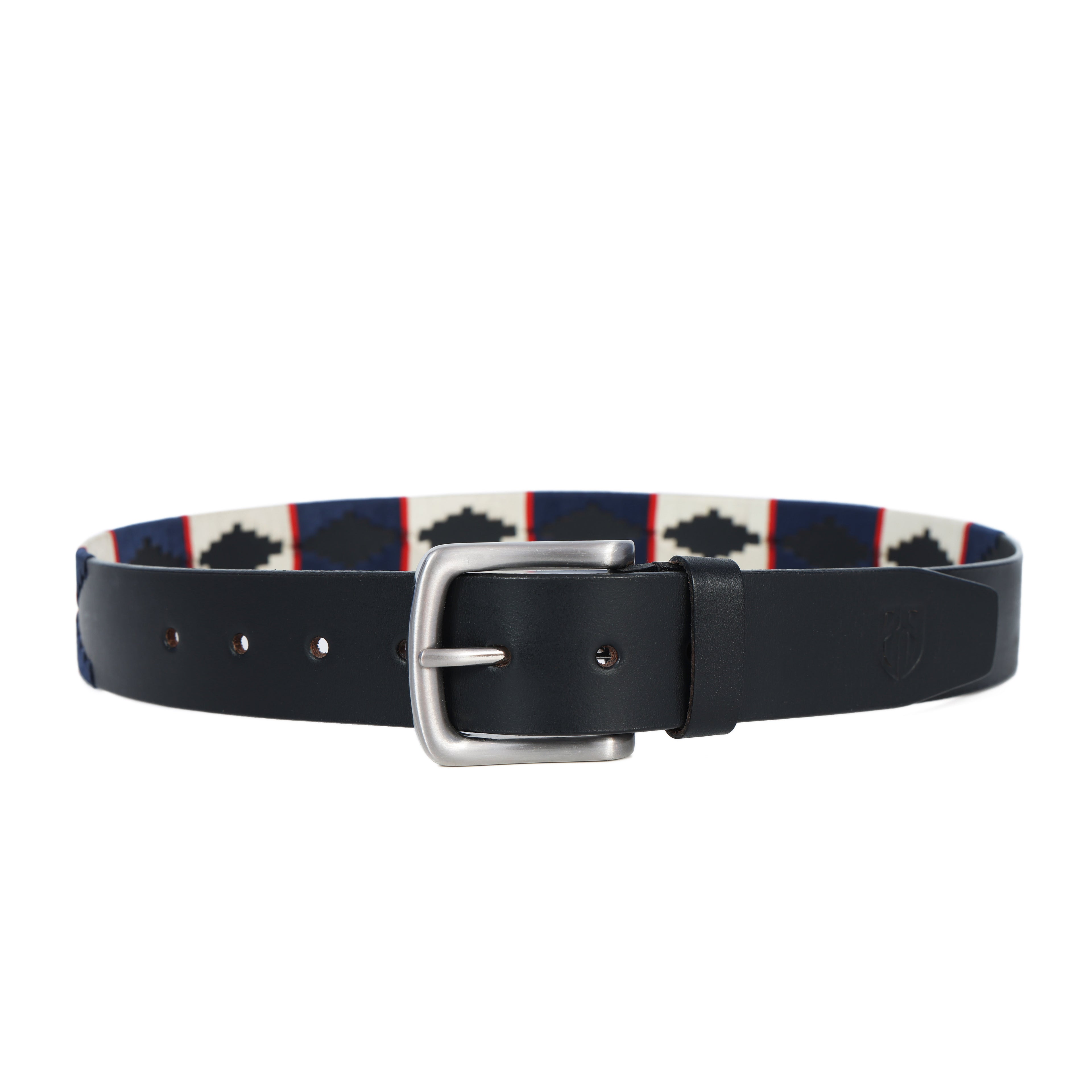 Black Polo Leather Belt with Blue, Red, and Cream Stitching & Silver Buckle
