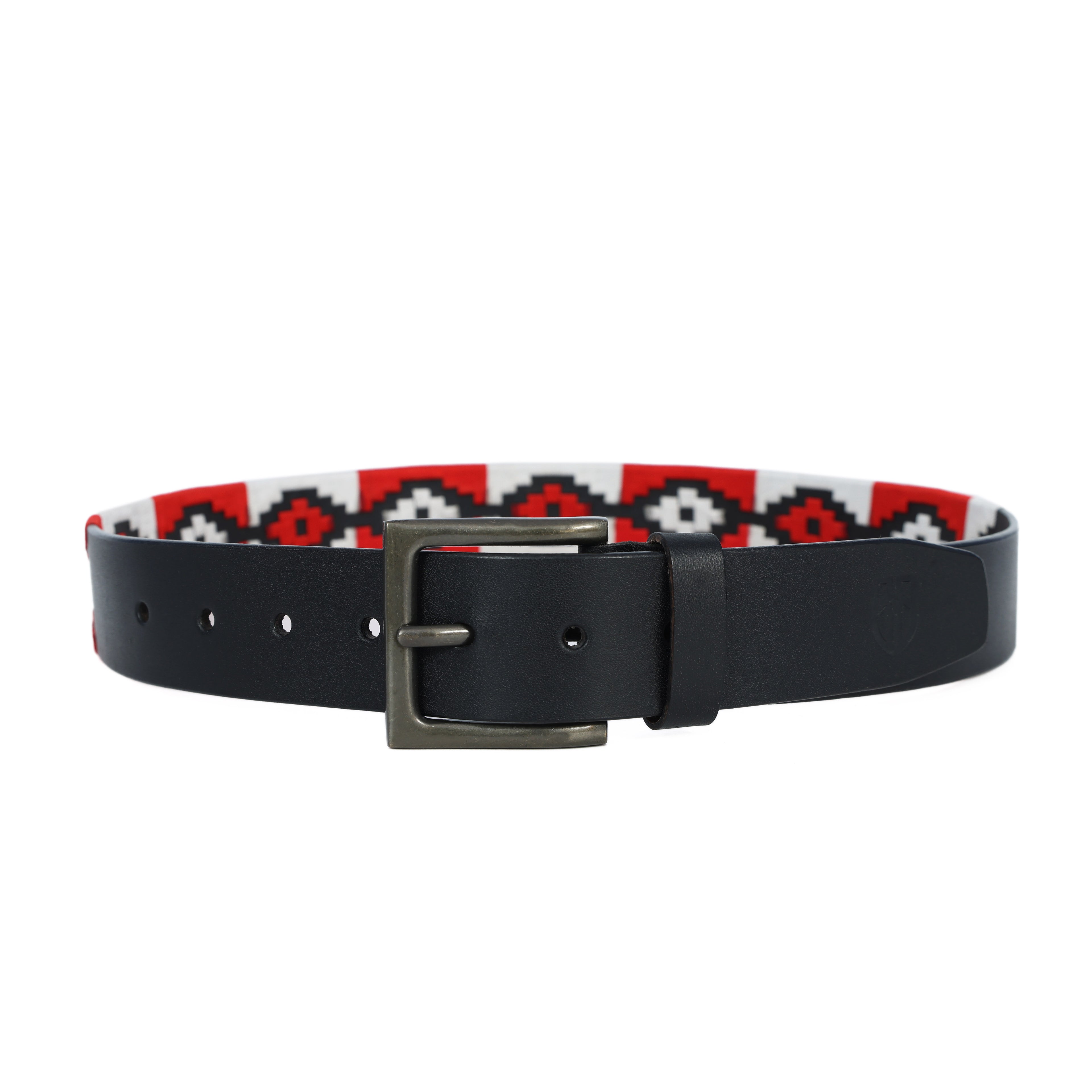 Black Polo Leather Belt with Red and White Stitching & Antique Buckle