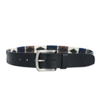 Black Polo Leather Belt with Brown, Cream, and Blue Stitching & Silver Buckle