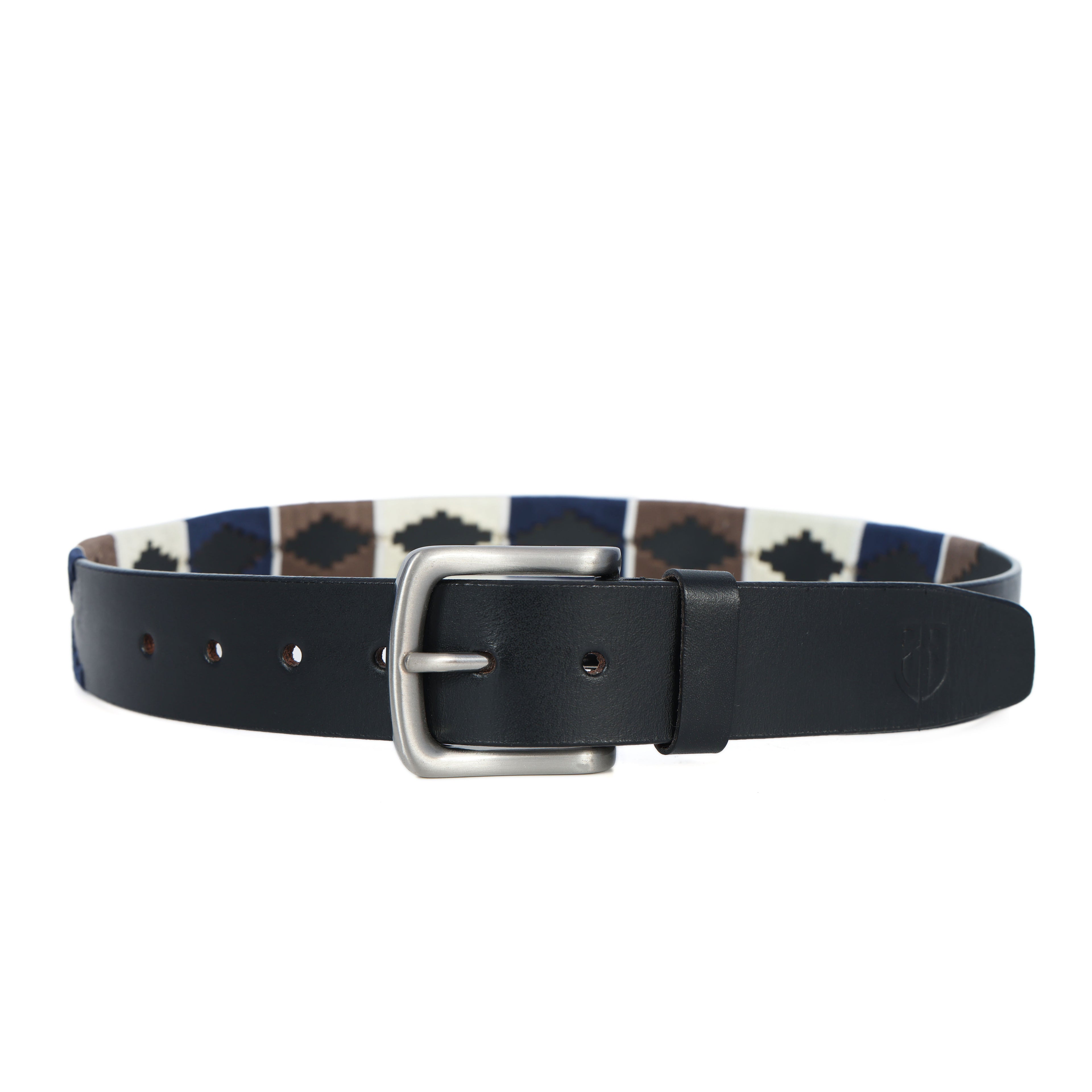 Black Polo Leather Belt with Brown, Cream, and Blue Stitching & Silver Buckle