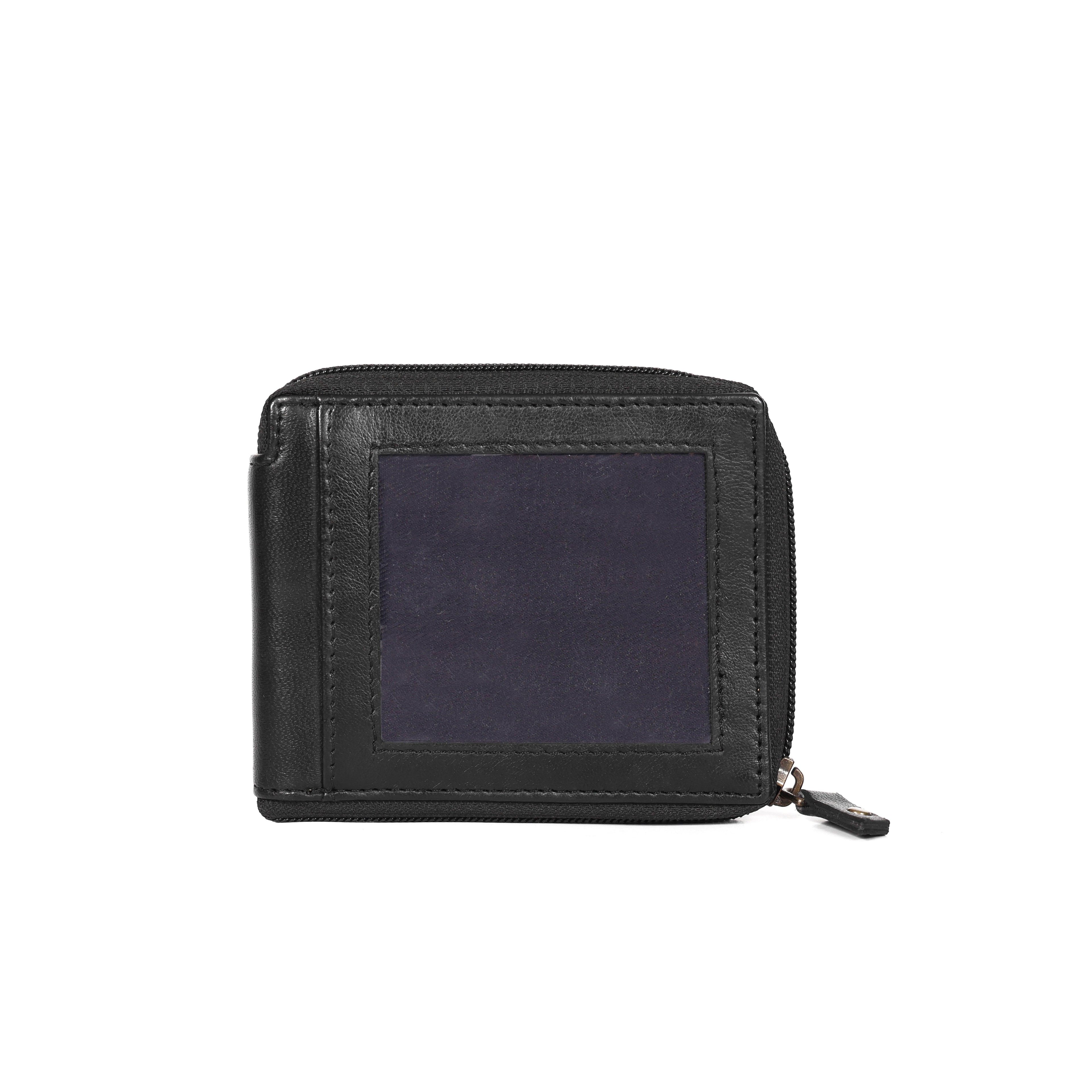 Black Leather Wallet with Zip Closure for Men
