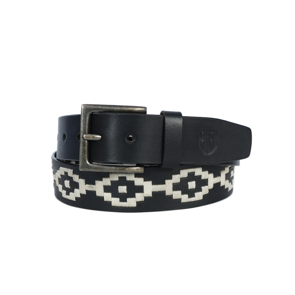 Black Polo Leather Belt with Cream Stitching & Antique Buckle