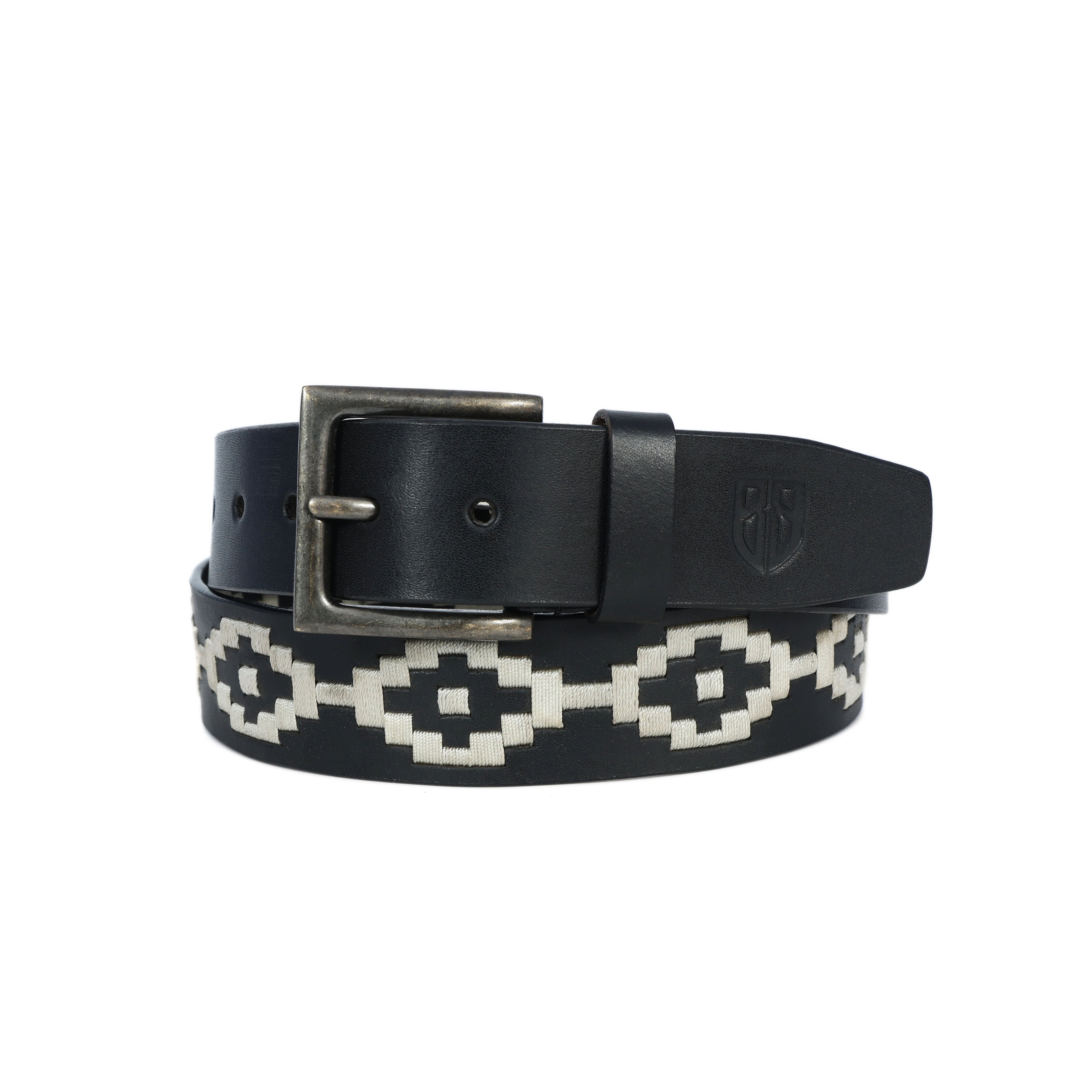 Black Polo Leather Belt with Cream Stitching & Antique Buckle