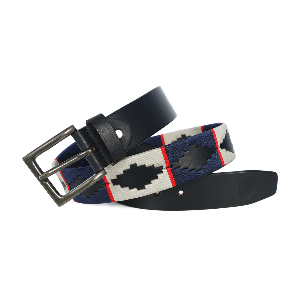Black Polo Leather Belt with Cream, Blue, and Red Stitching & Antique Buckle