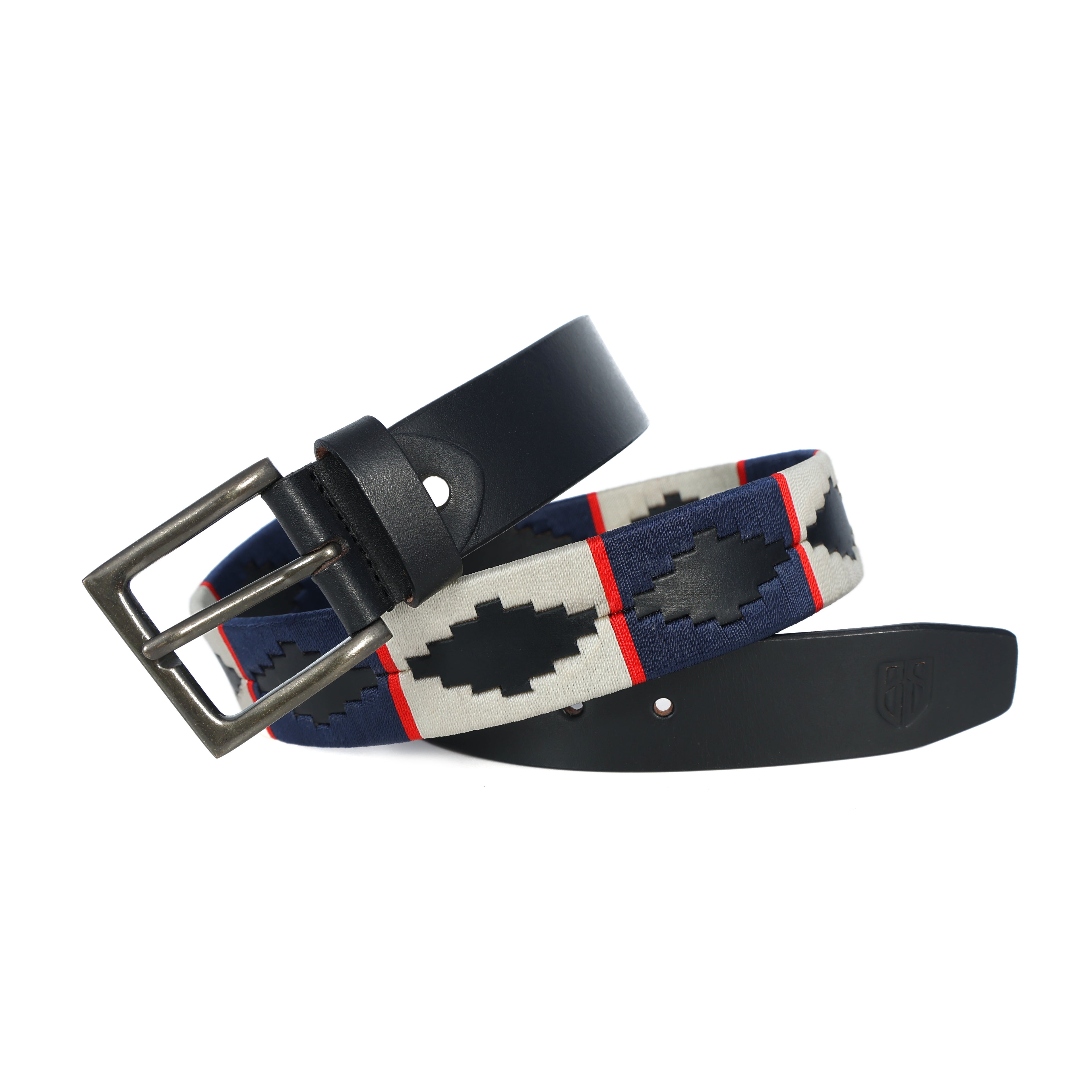 Black Polo Leather Belt with Cream, Blue, and Red Stitching & Antique Buckle