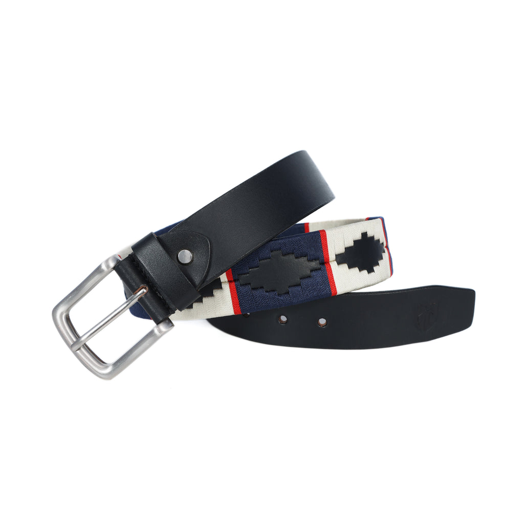 Black Polo Leather Belt with Blue, Red, and Cream Stitching & Silver Buckle