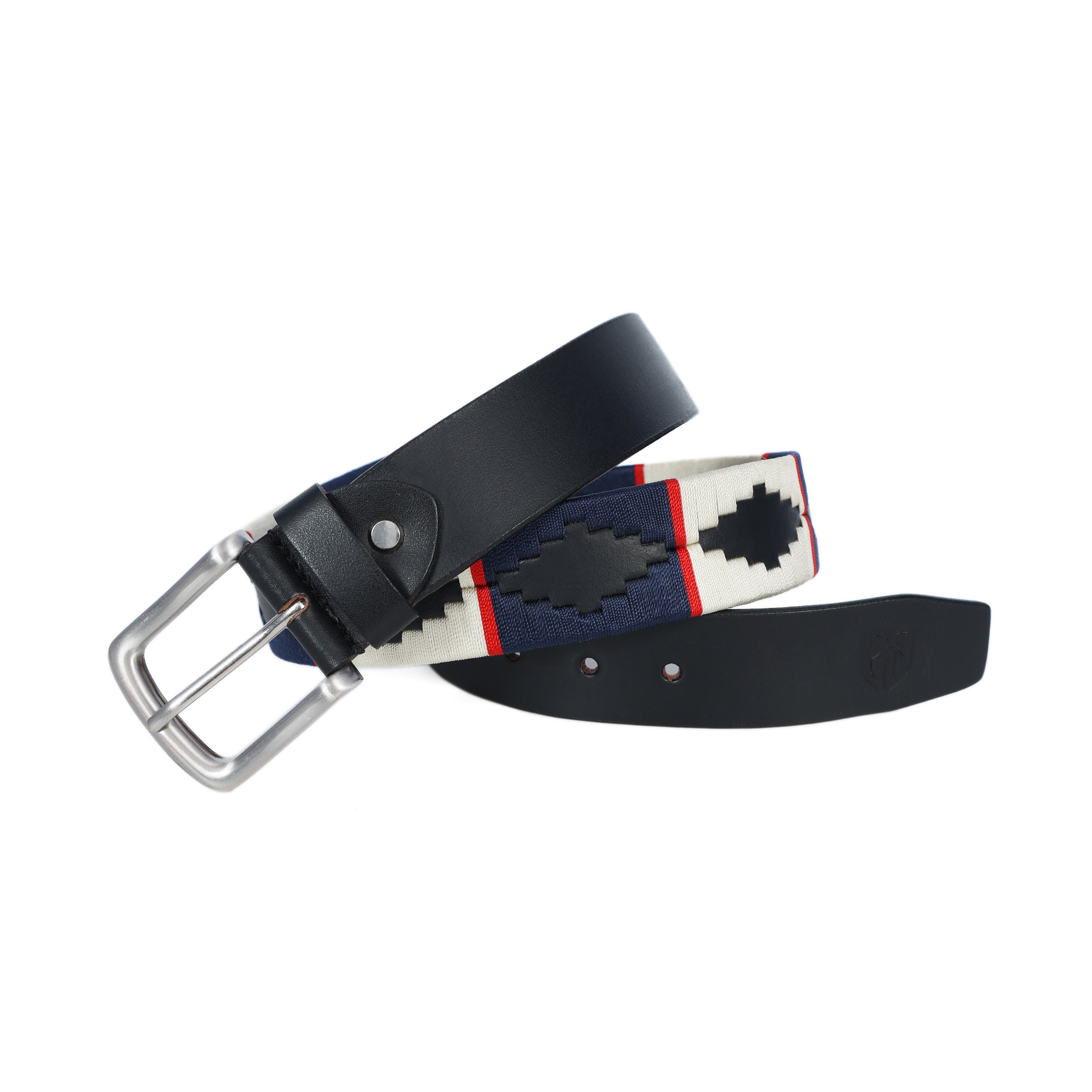 Black Polo Leather Belt with Blue, Red, and Cream Stitching & Silver Buckle