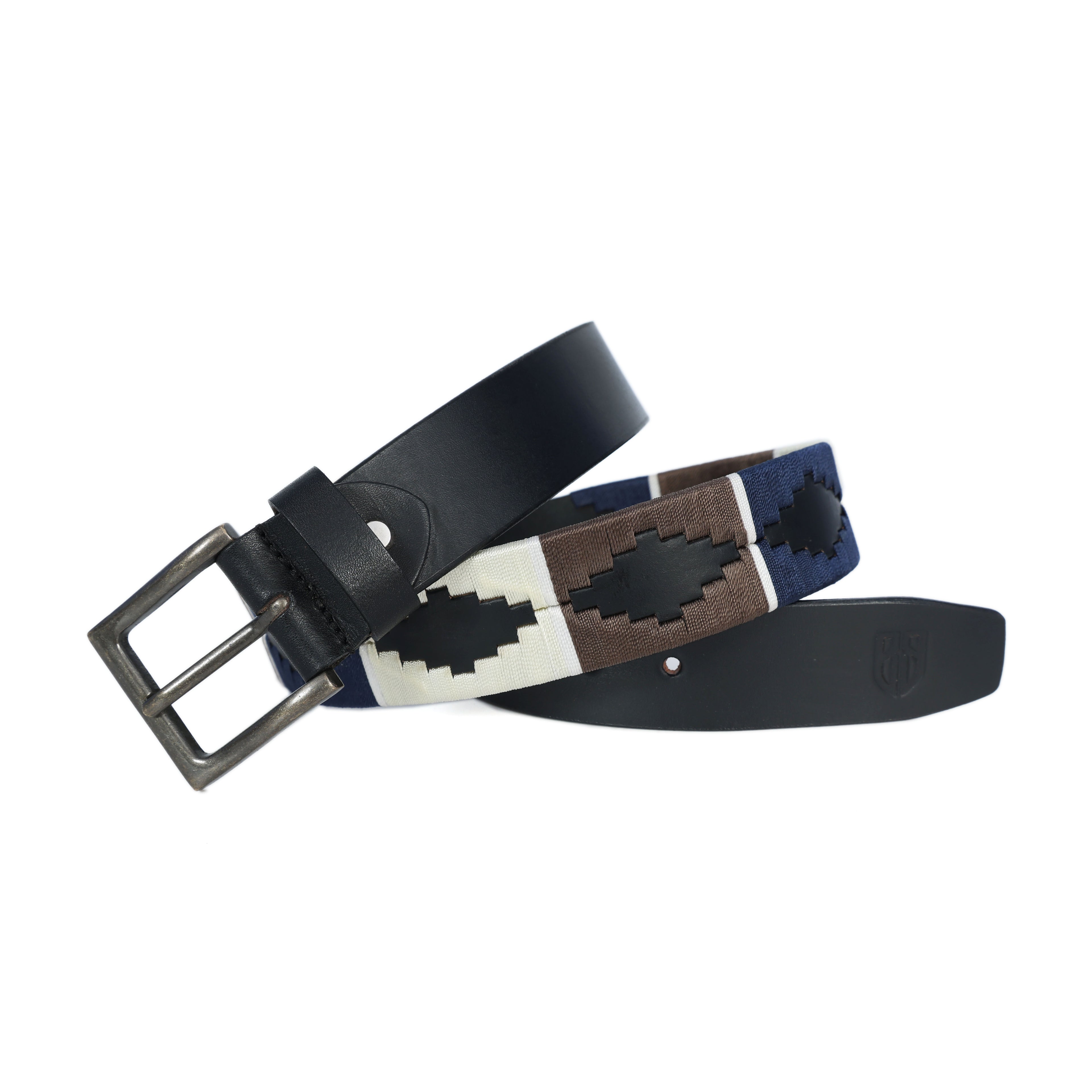 Black Polo Leather Belt with Blue, Cream, and Brown Stitching & Antique Buckle
