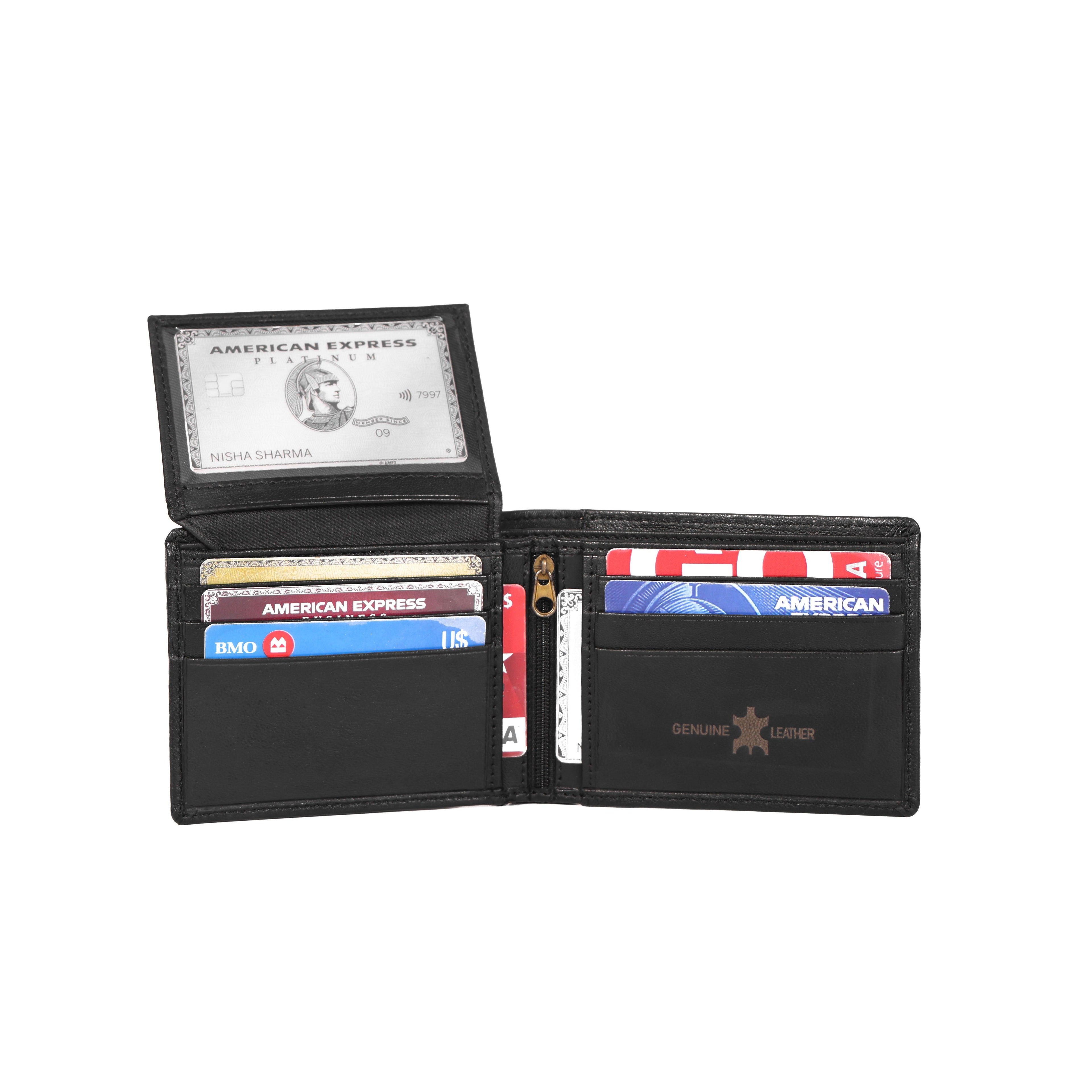 Black Leather Wallet with Transparent ID Card Slot