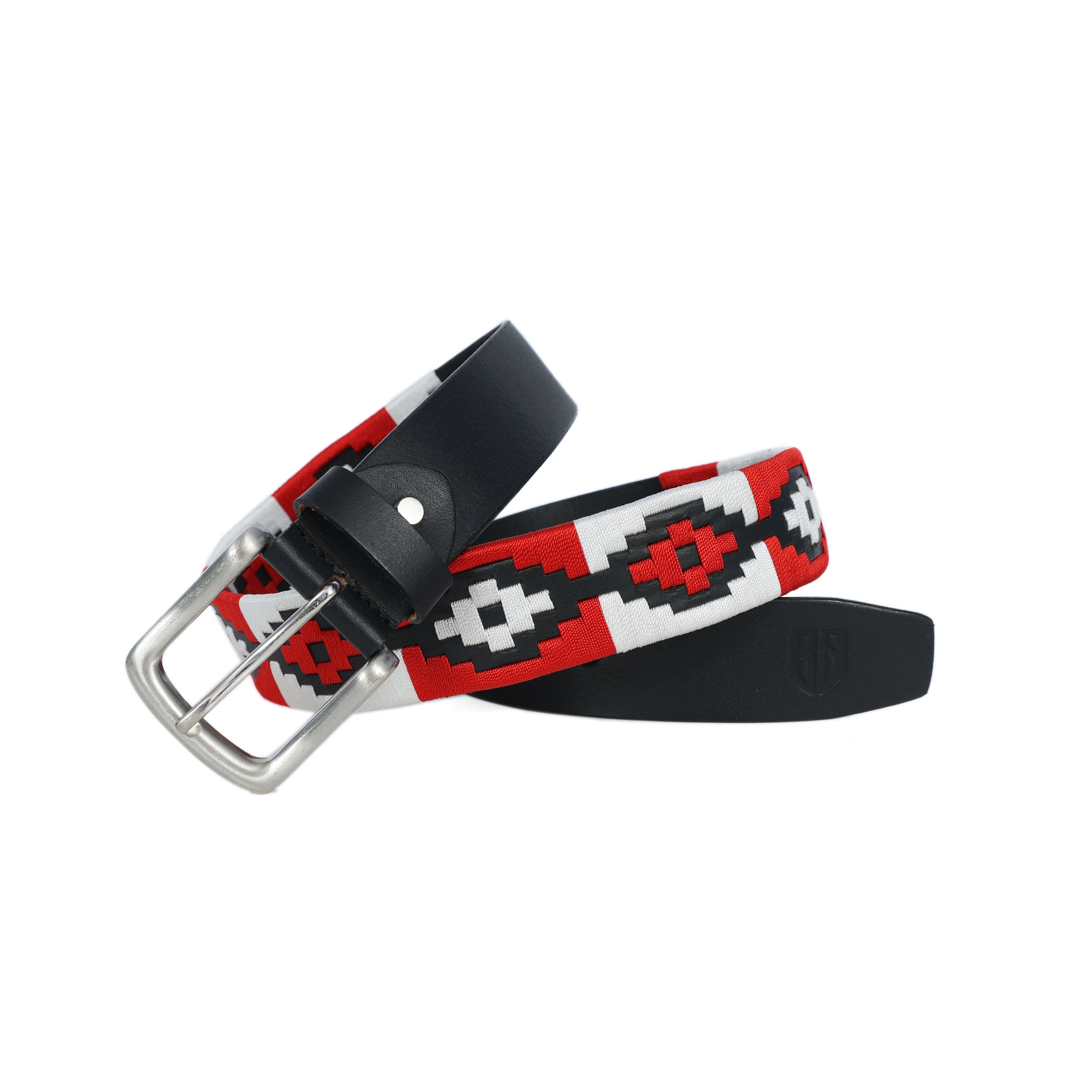 Black Polo Leather Belt with Red and White Stitching & Silver Buckle
