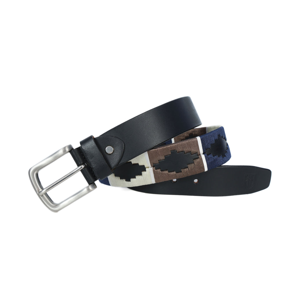 Black Polo Leather Belt with Brown, Cream, and Blue Stitching & Silver Buckle