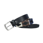 Black Polo Leather Belt with Brown, Cream, and Blue Stitching & Silver Buckle