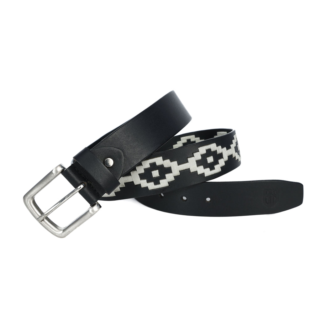 Black Polo Leather Belt with Cream Stitching & Silver Buckle
