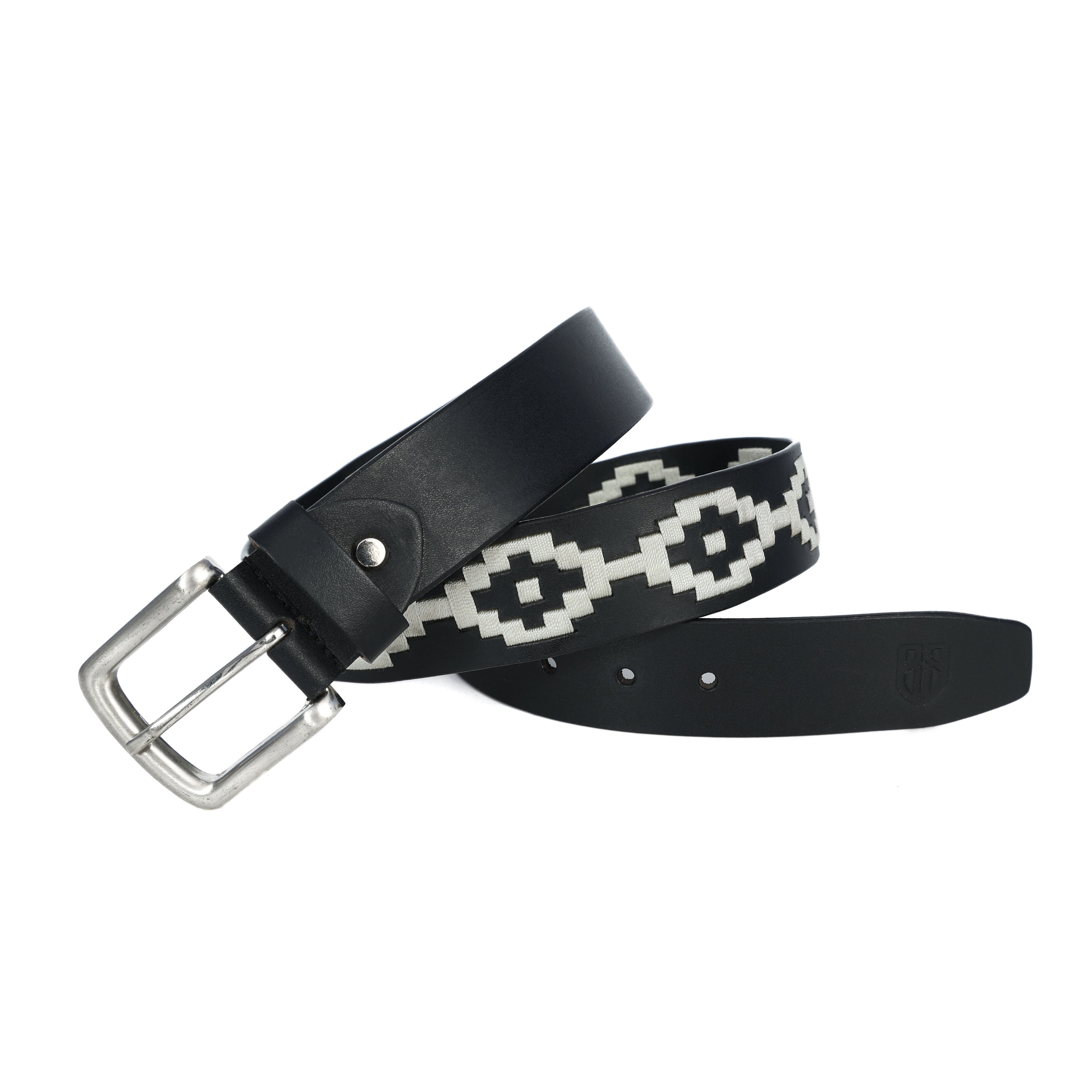 Black Polo Leather Belt with Cream Stitching & Silver Buckle