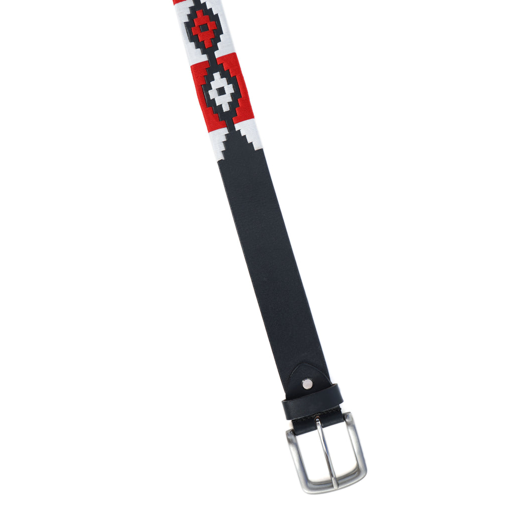 Black Polo Leather Belt with Red and White Stitching & Silver Buckle