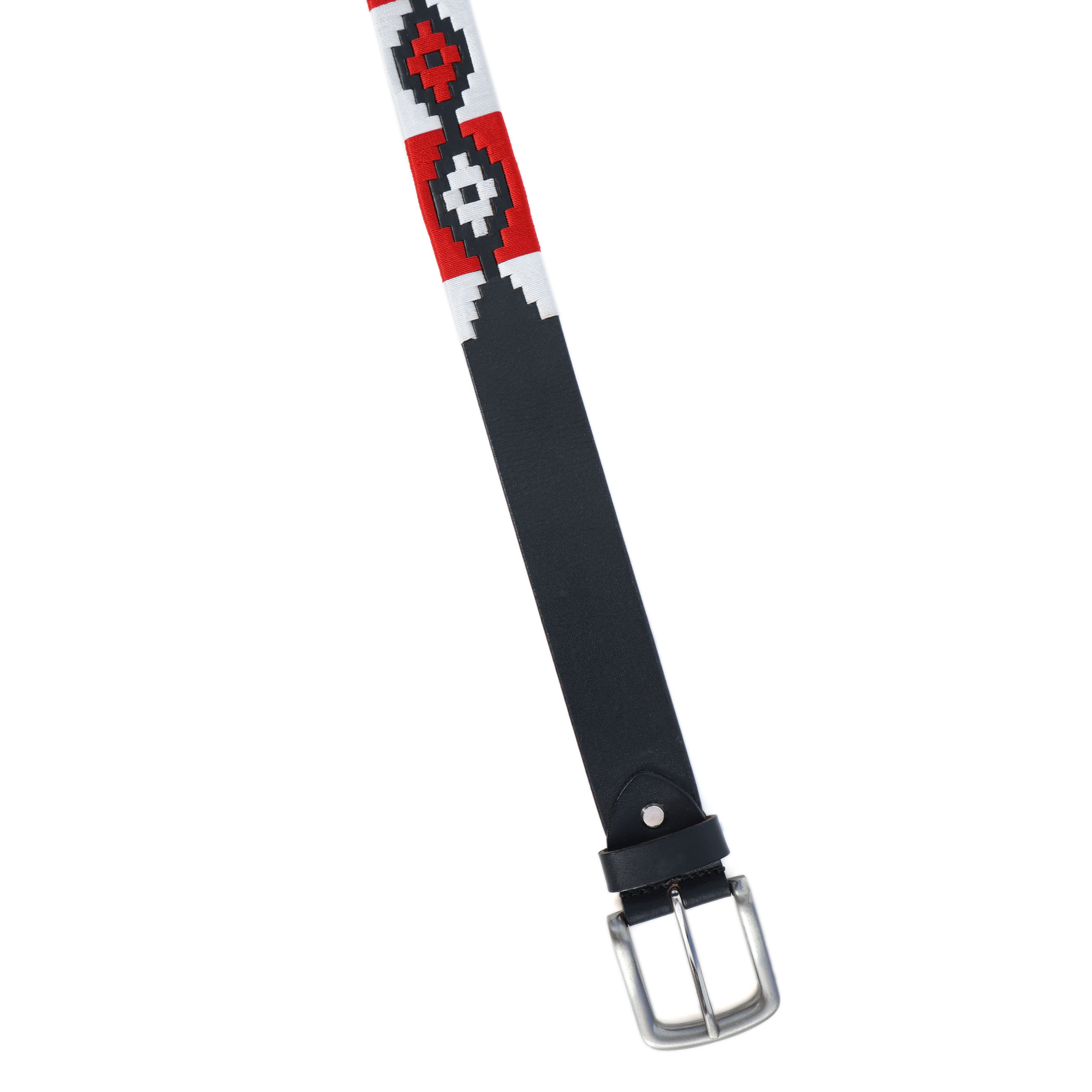 Black Polo Leather Belt with Red and White Stitching & Silver Buckle