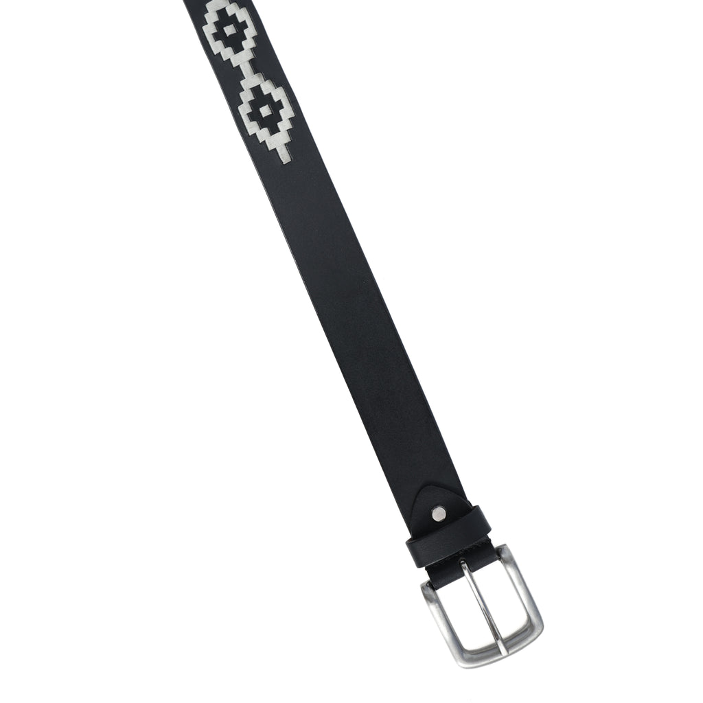 Black Polo Leather Belt with Cream Stitching & Silver Buckle