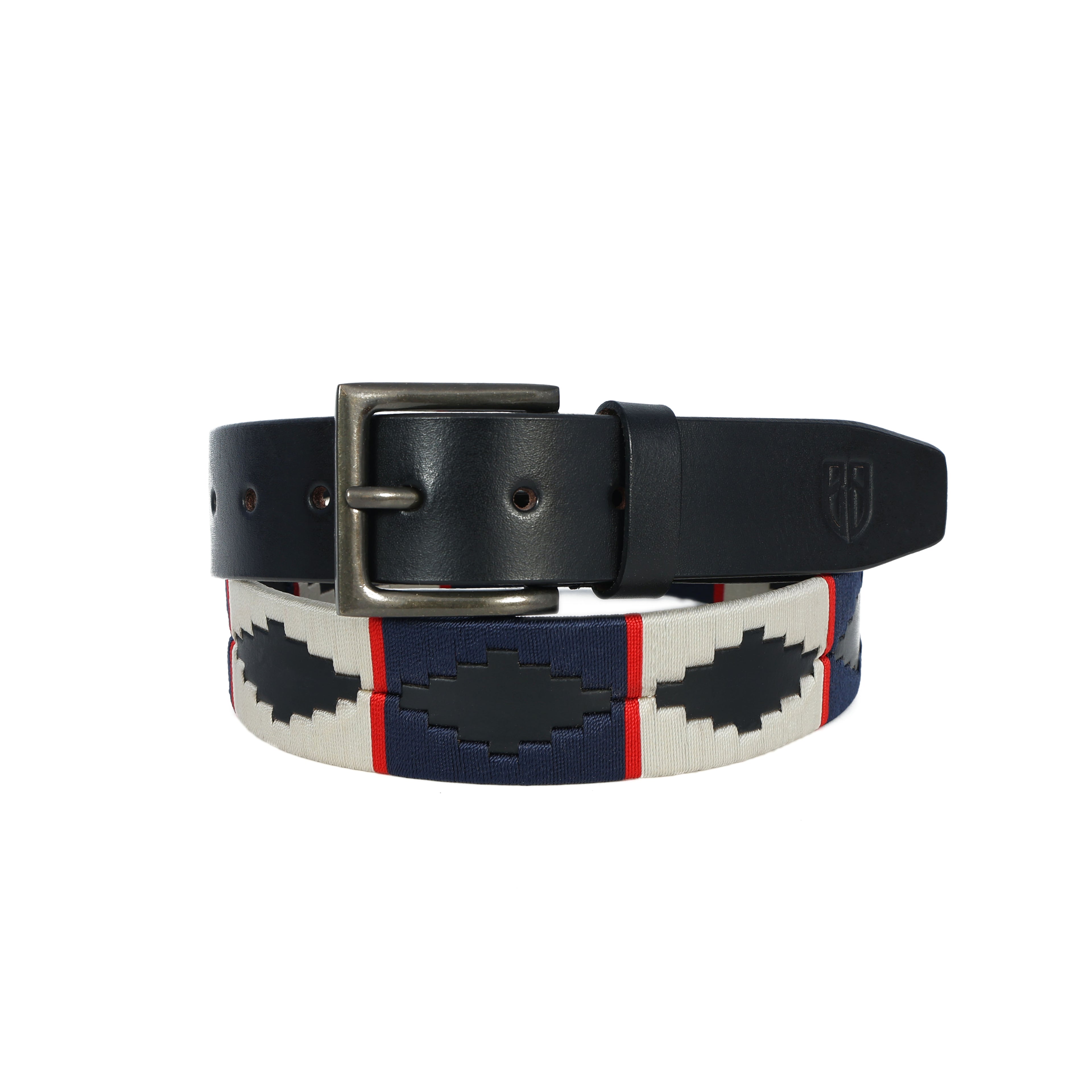 Black Polo Leather Belt with Cream, Blue, and Red Stitching & Antique Buckle