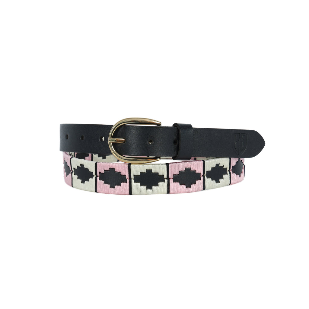 Celeste (Ladies’ Polo Belt with Golden Buckle – Argentinian Handcrafted Leather with Traditional Embroidered Patterns)