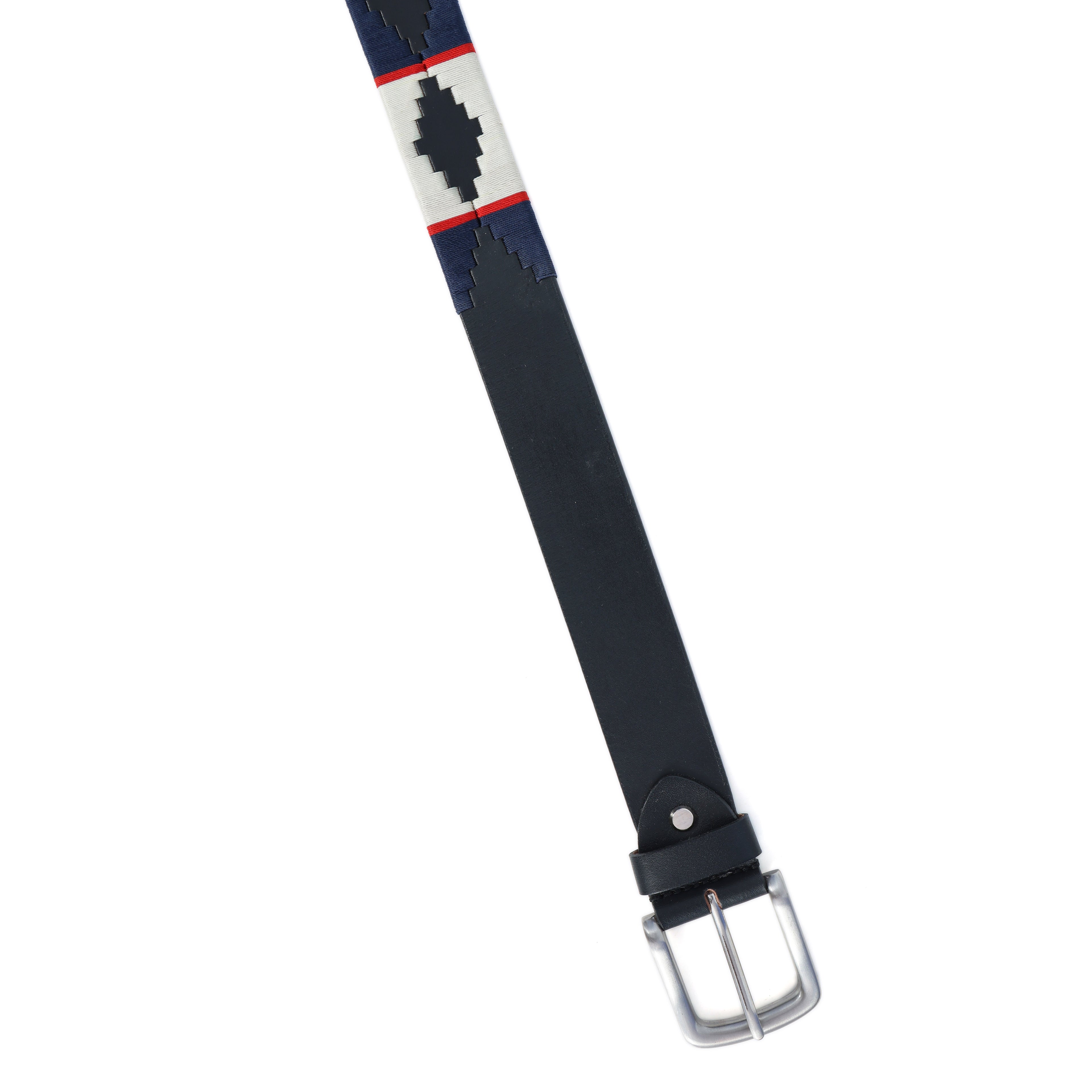 Black Polo Leather Belt with Blue, Red, and Cream Stitching & Silver Buckle